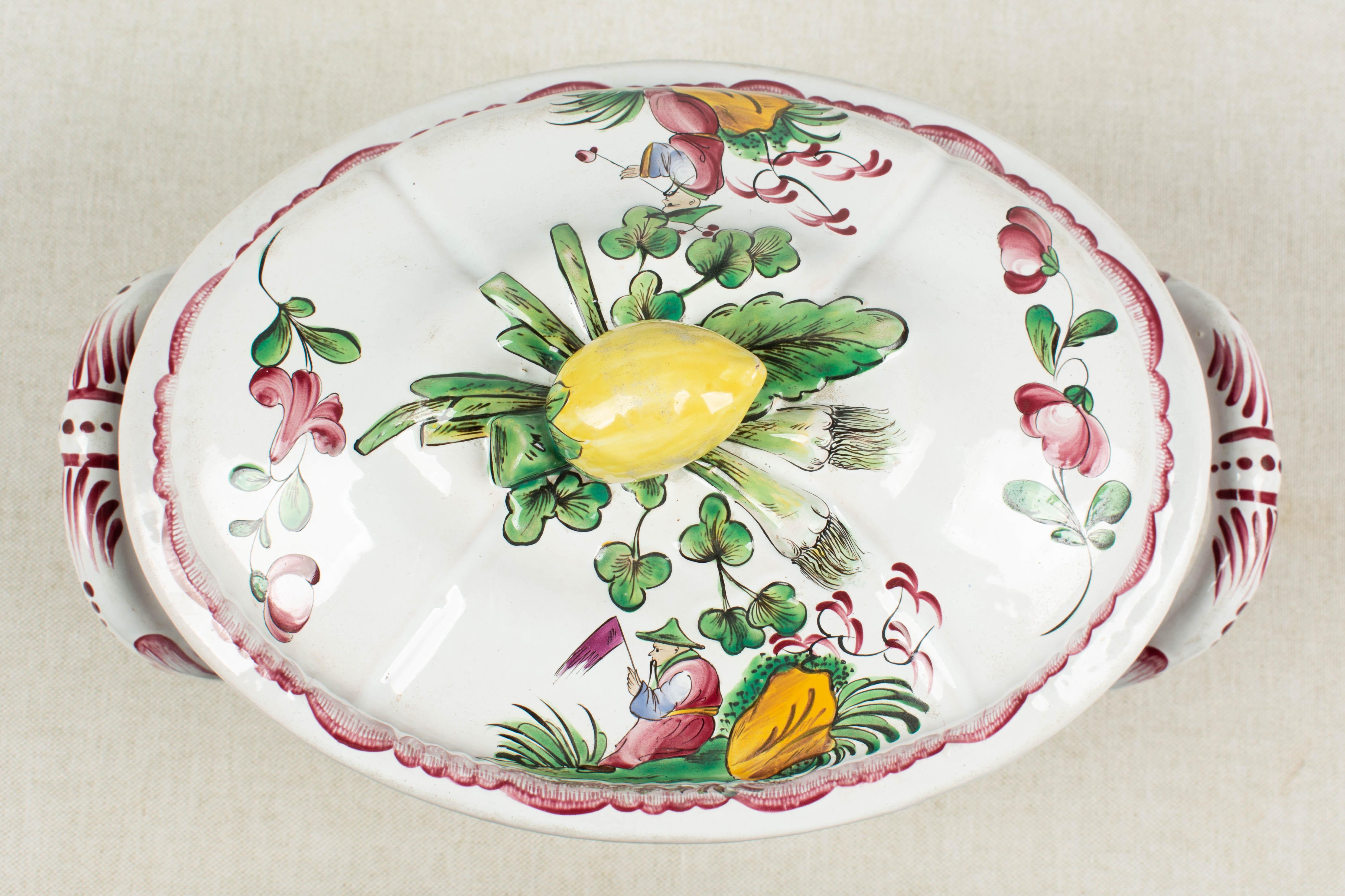 French Hand-Painted Faience Soup Tureen  For Sale 3