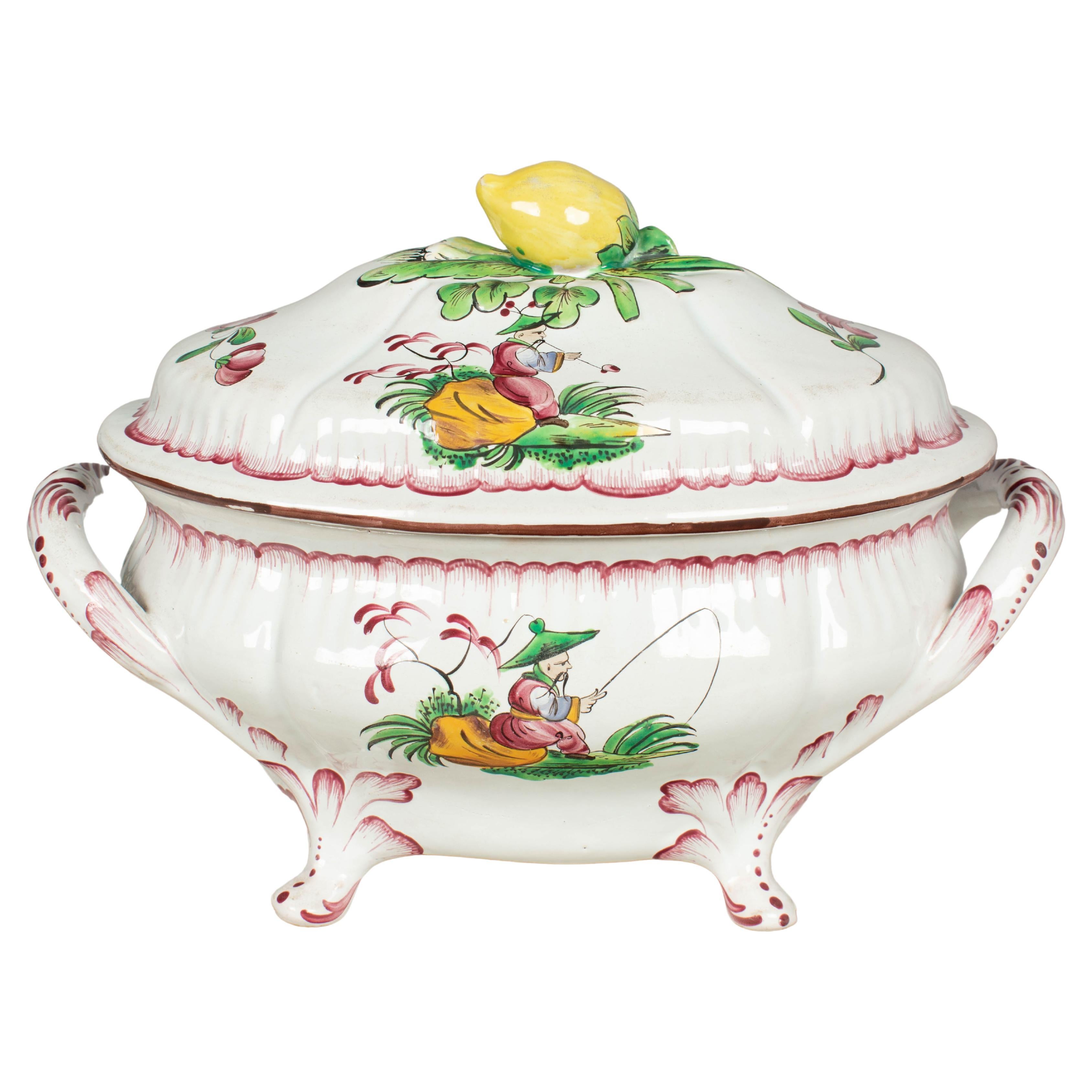 French Hand-Painted Faience Soup Tureen  For Sale