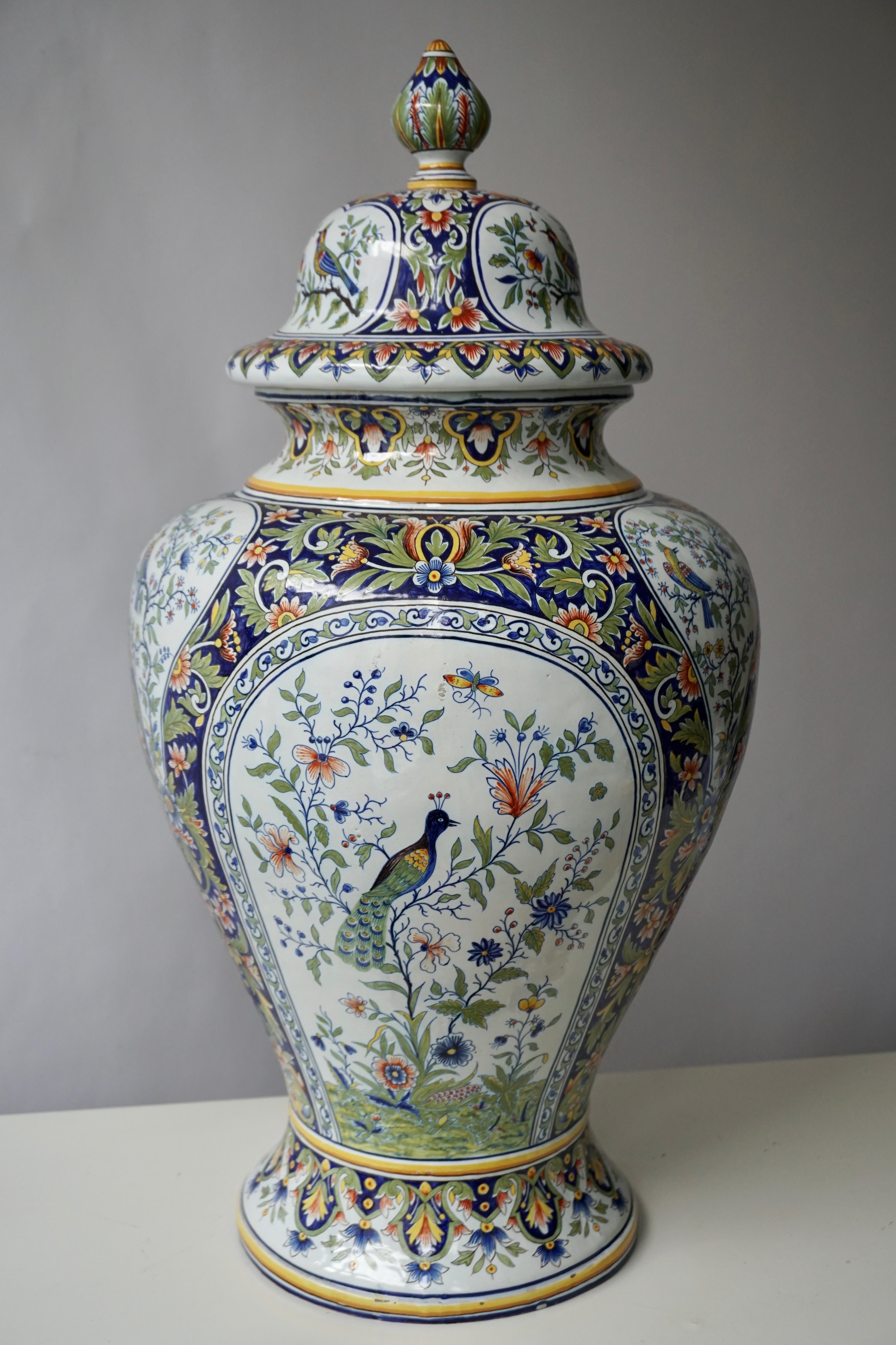 French Hand Painted Faience Urn or Vase with Flowers and Birds Motifs 2