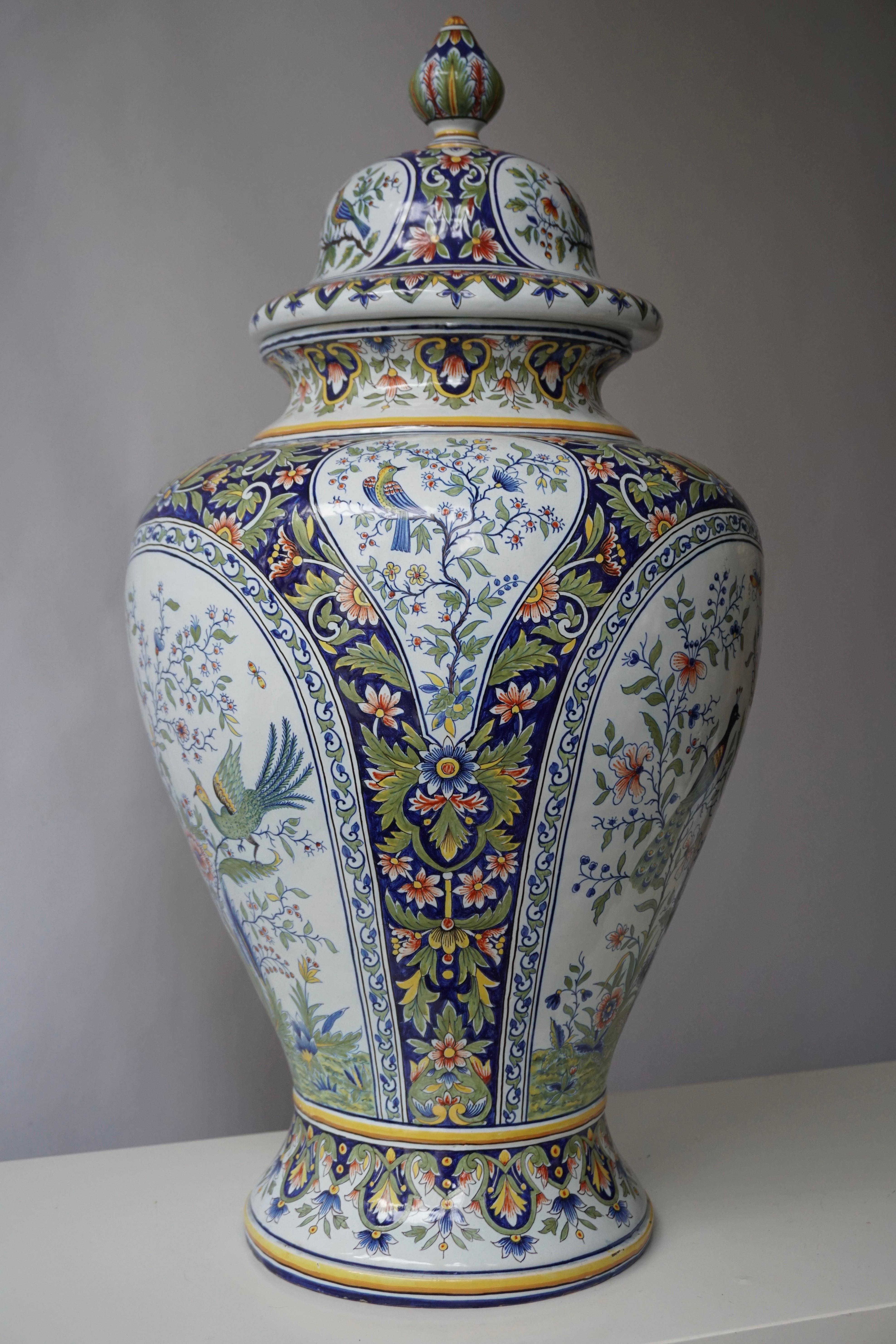 French Hand Painted Faience Urn or Vase with Flowers and Birds Motifs 4