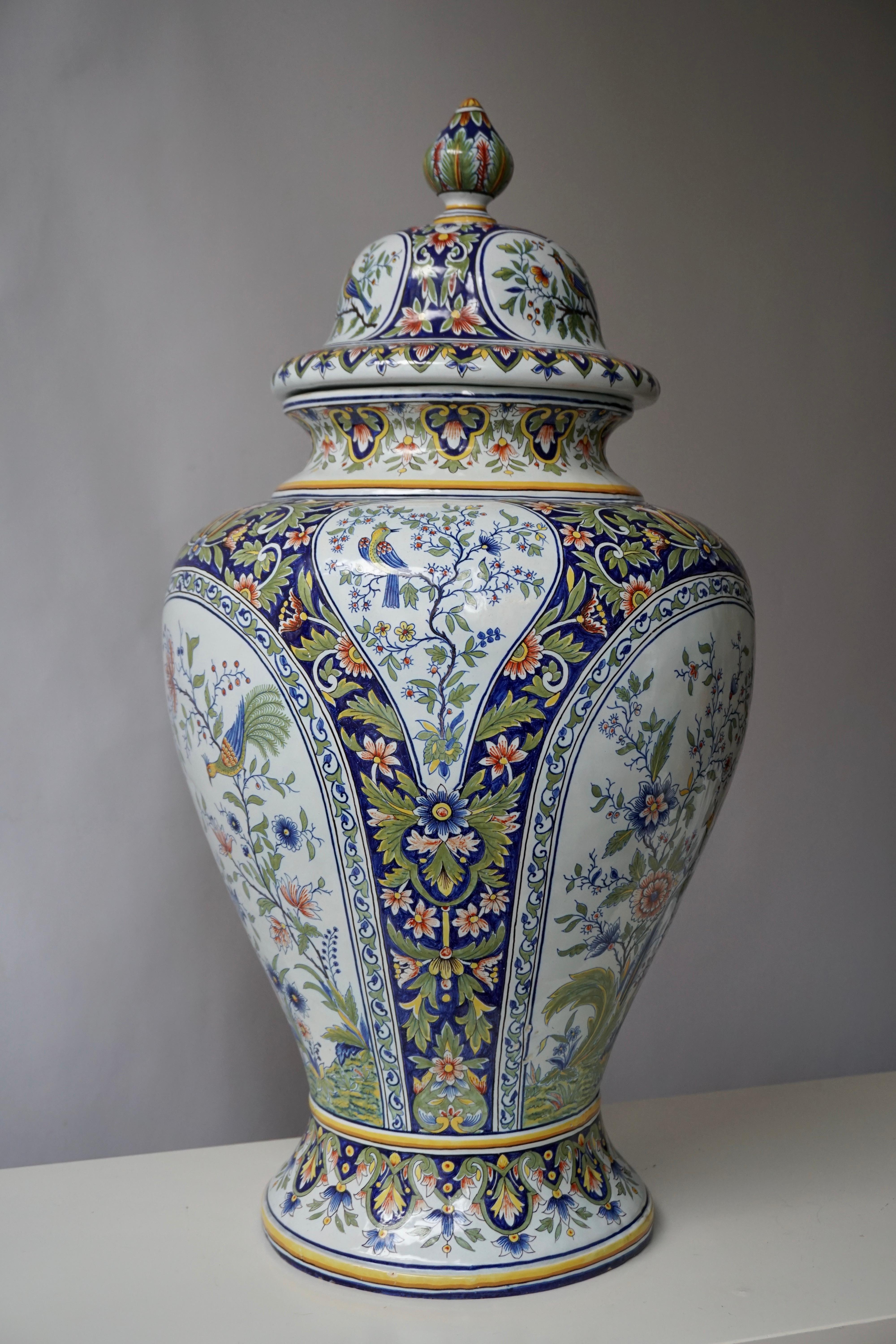 French Hand Painted Faience Urn or Vase with Flowers and Birds Motifs 5