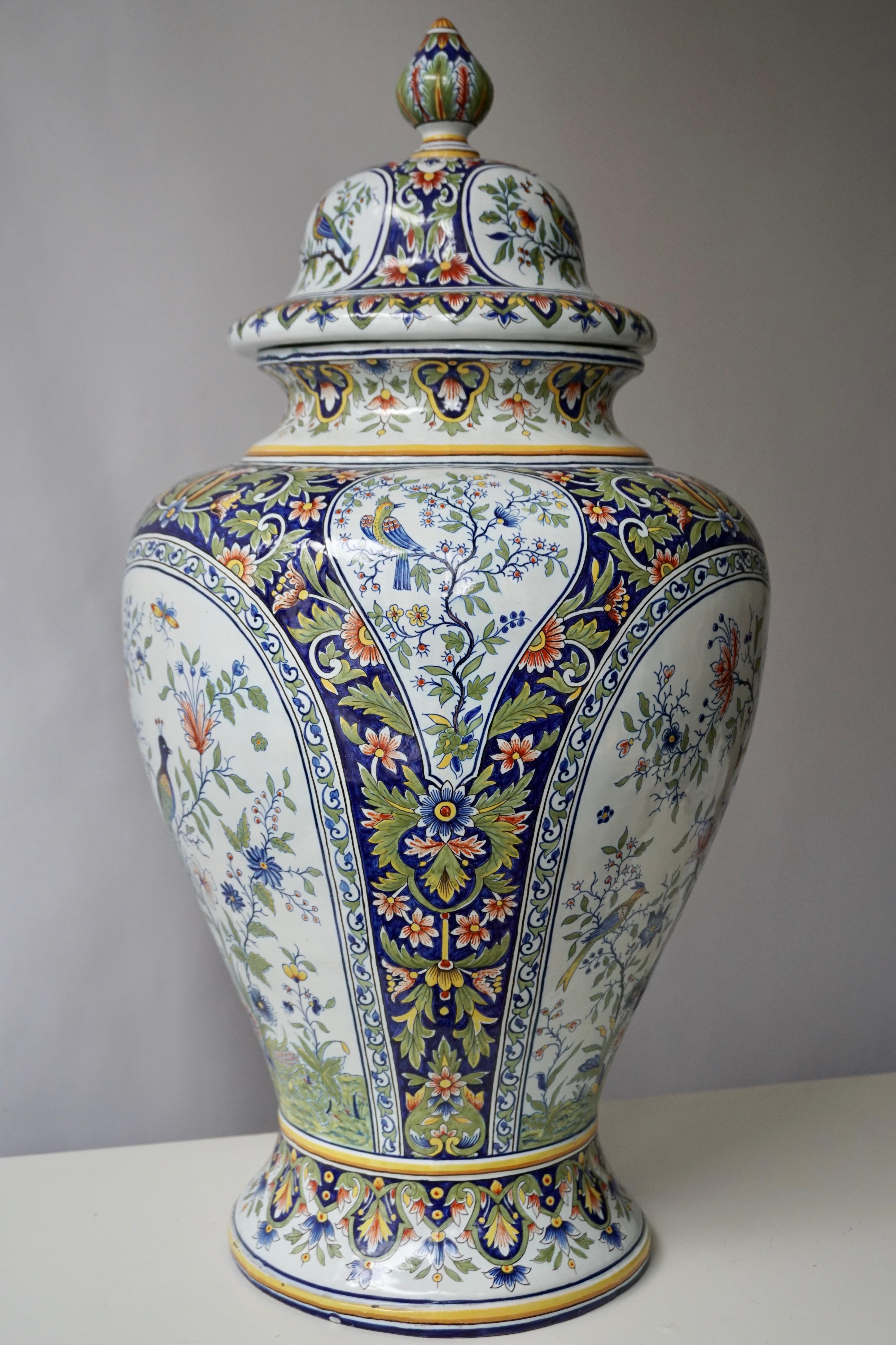 French Hand Painted Faience Urn or Vase with Flowers and Birds Motifs 6