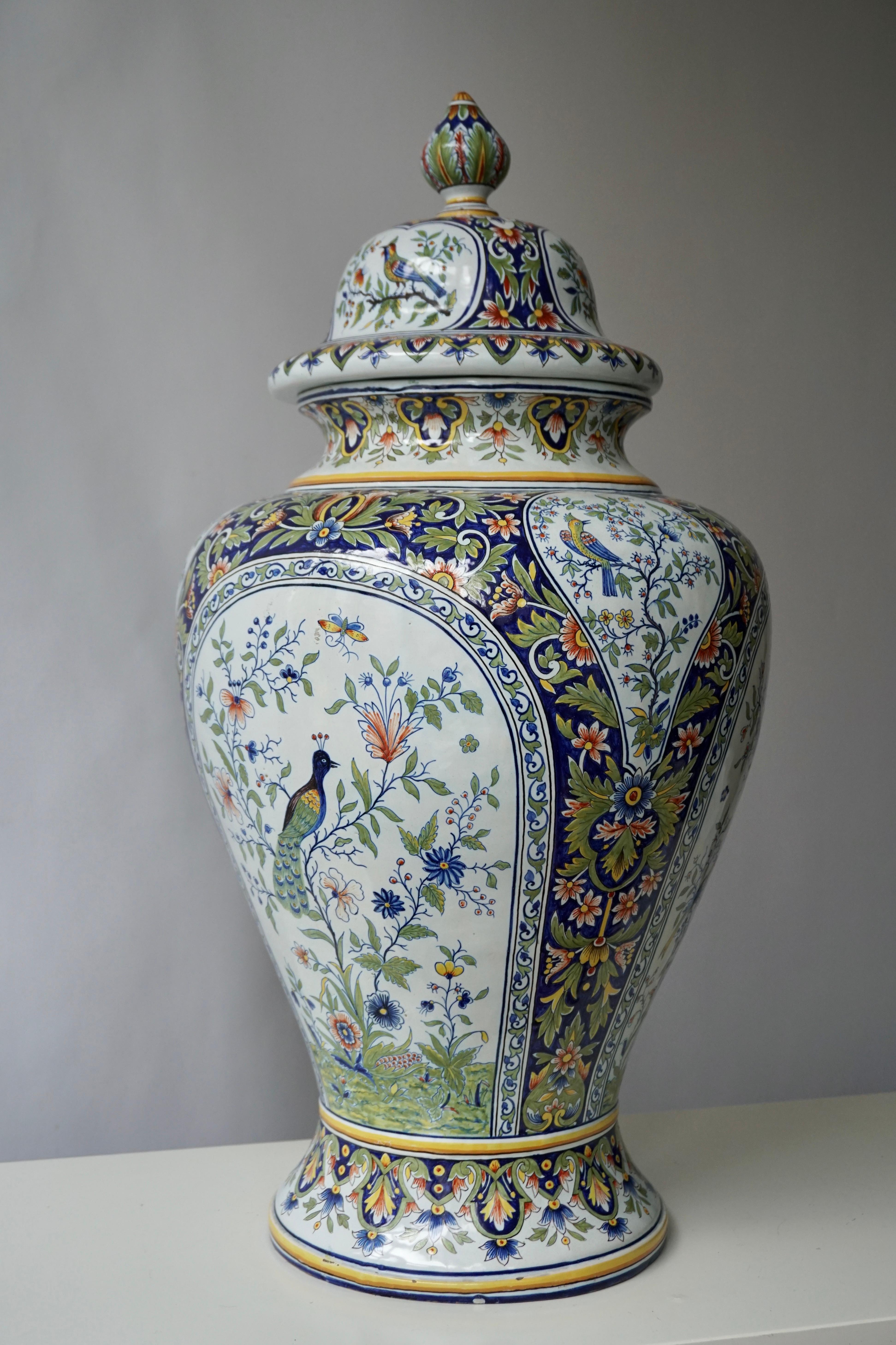 French Hand Painted Faience Urn or Vase with Flowers and Birds Motifs 7