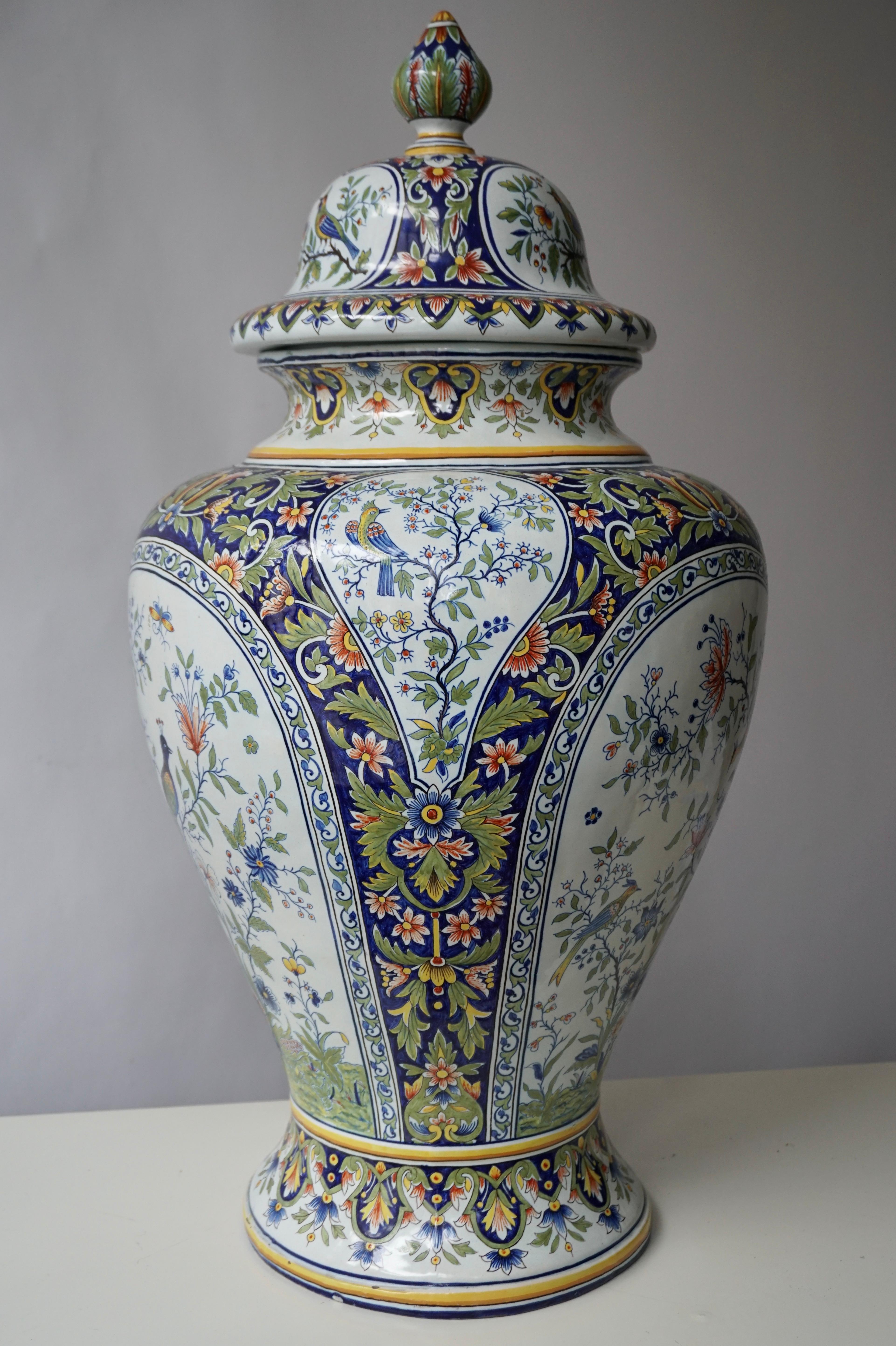 Hollywood Regency French Hand Painted Faience Urn or Vase with Flowers and Birds Motifs