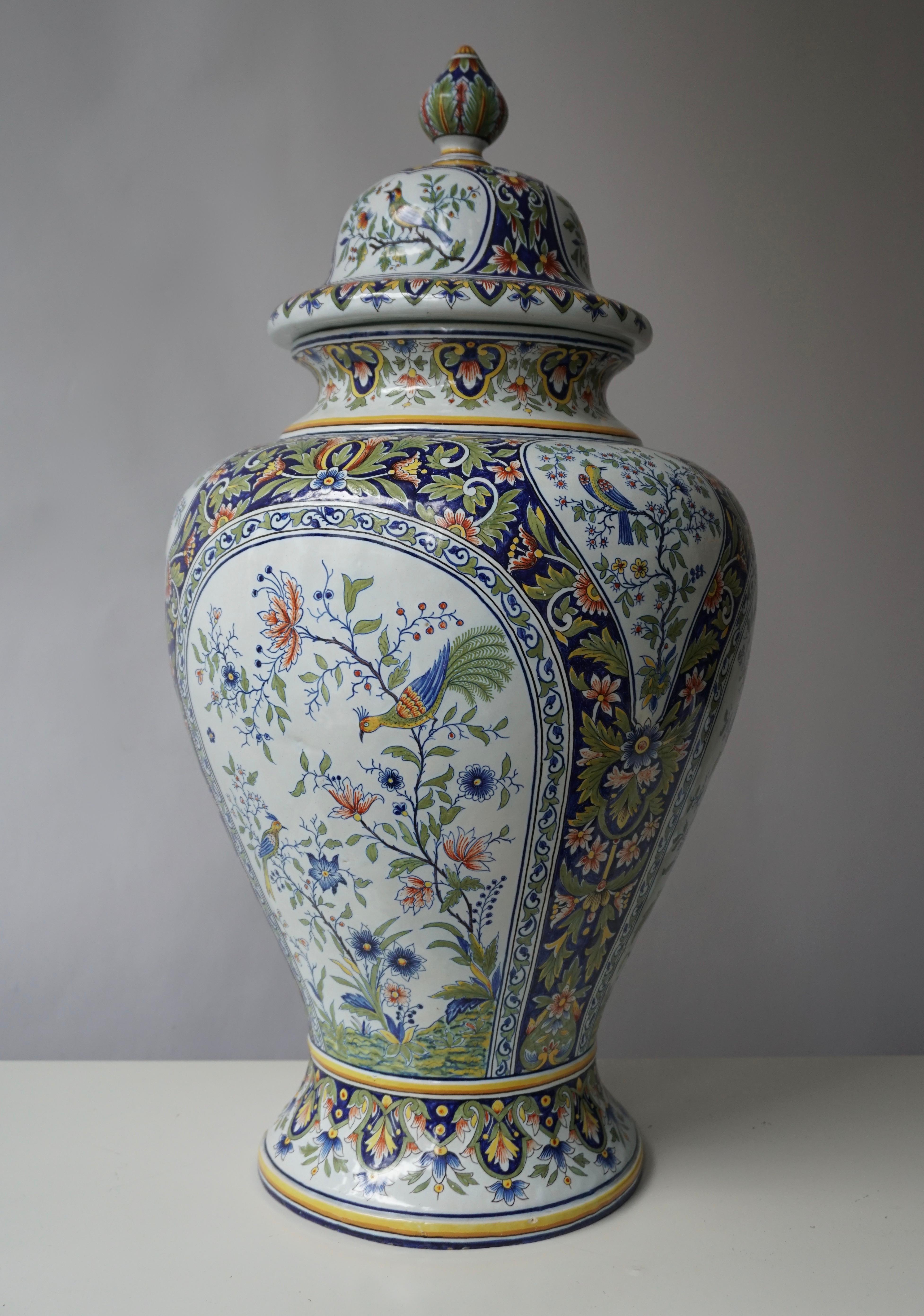 Hand-Painted French Hand Painted Faience Urn or Vase with Flowers and Birds Motifs