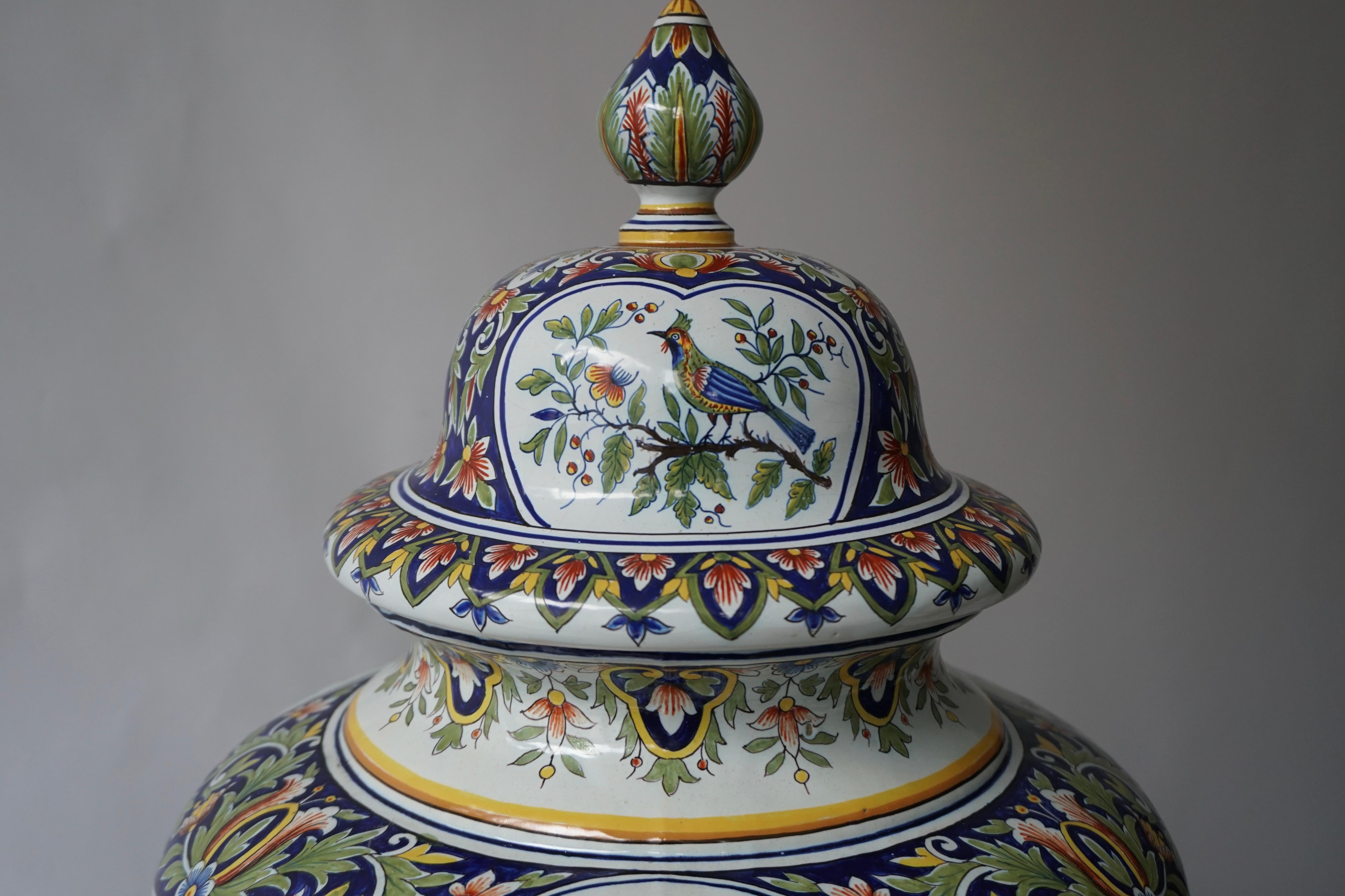 French Hand Painted Faience Urn or Vase with Flowers and Birds Motifs In Good Condition In Antwerp, BE