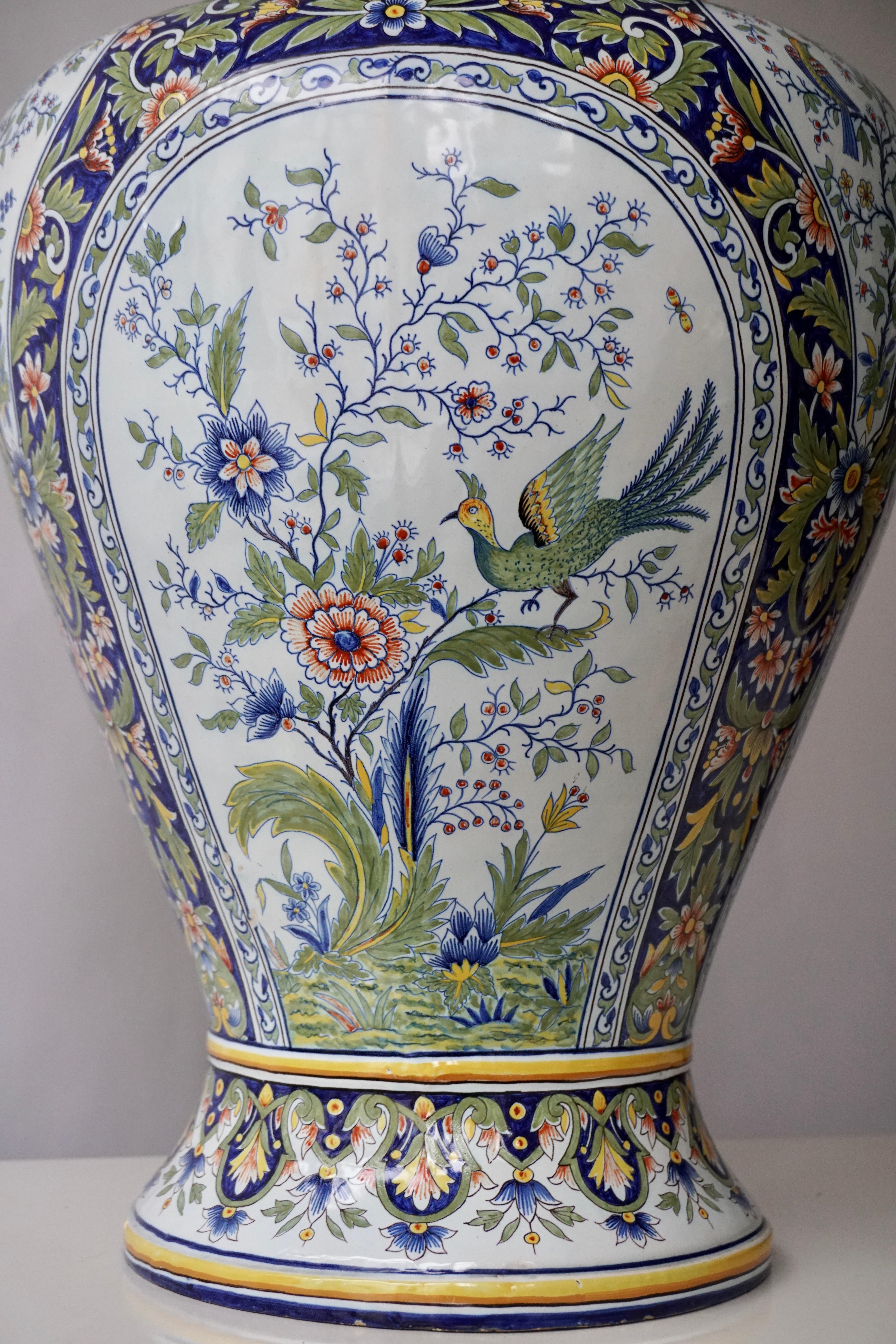 20th Century French Hand Painted Faience Urn or Vase with Flowers and Birds Motifs