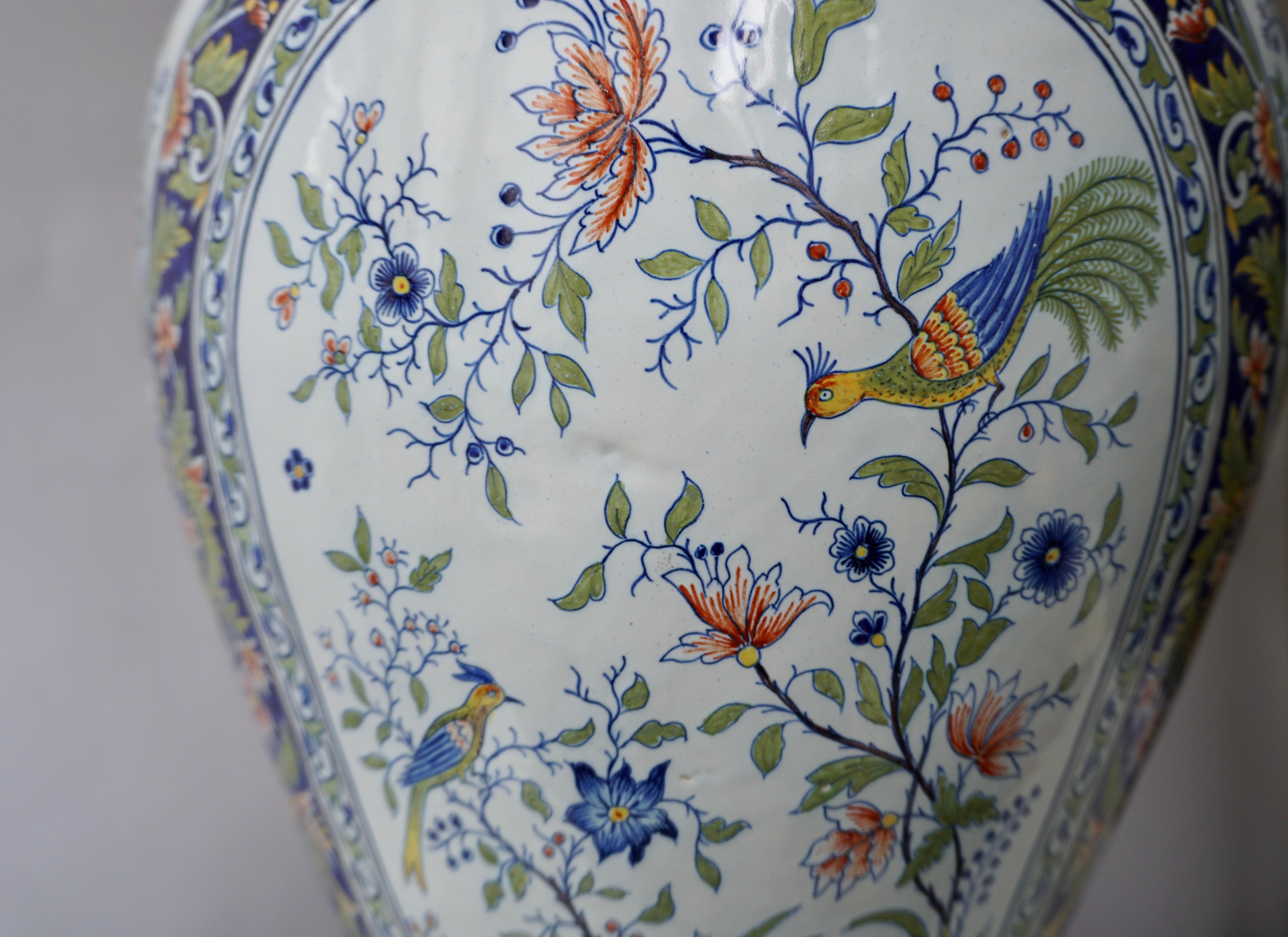 Ceramic French Hand Painted Faience Urn or Vase with Flowers and Birds Motifs