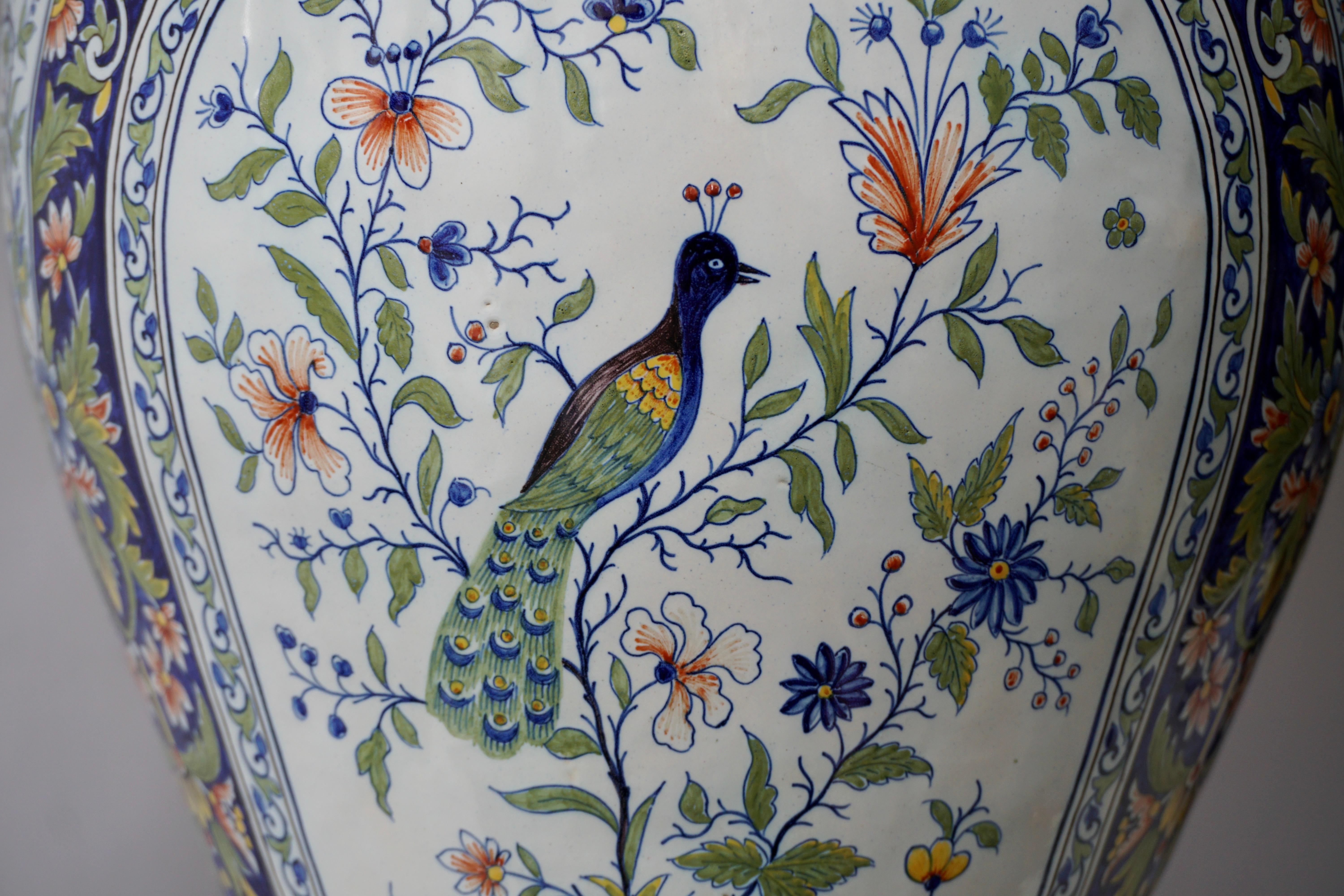 French Hand Painted Faience Urn or Vase with Flowers and Birds Motifs 1