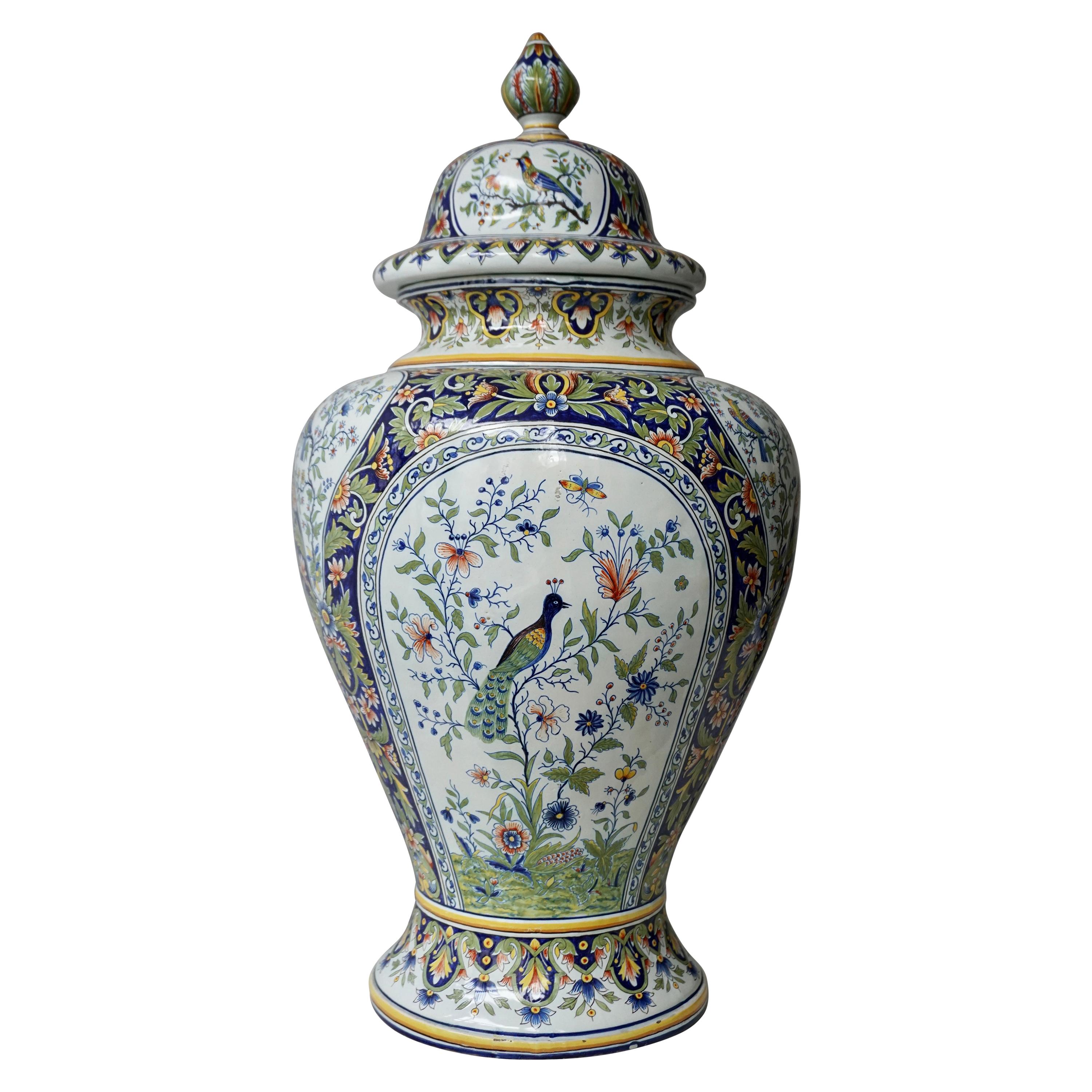 French Hand Painted Faience Urn or Vase with Flowers and Birds Motifs