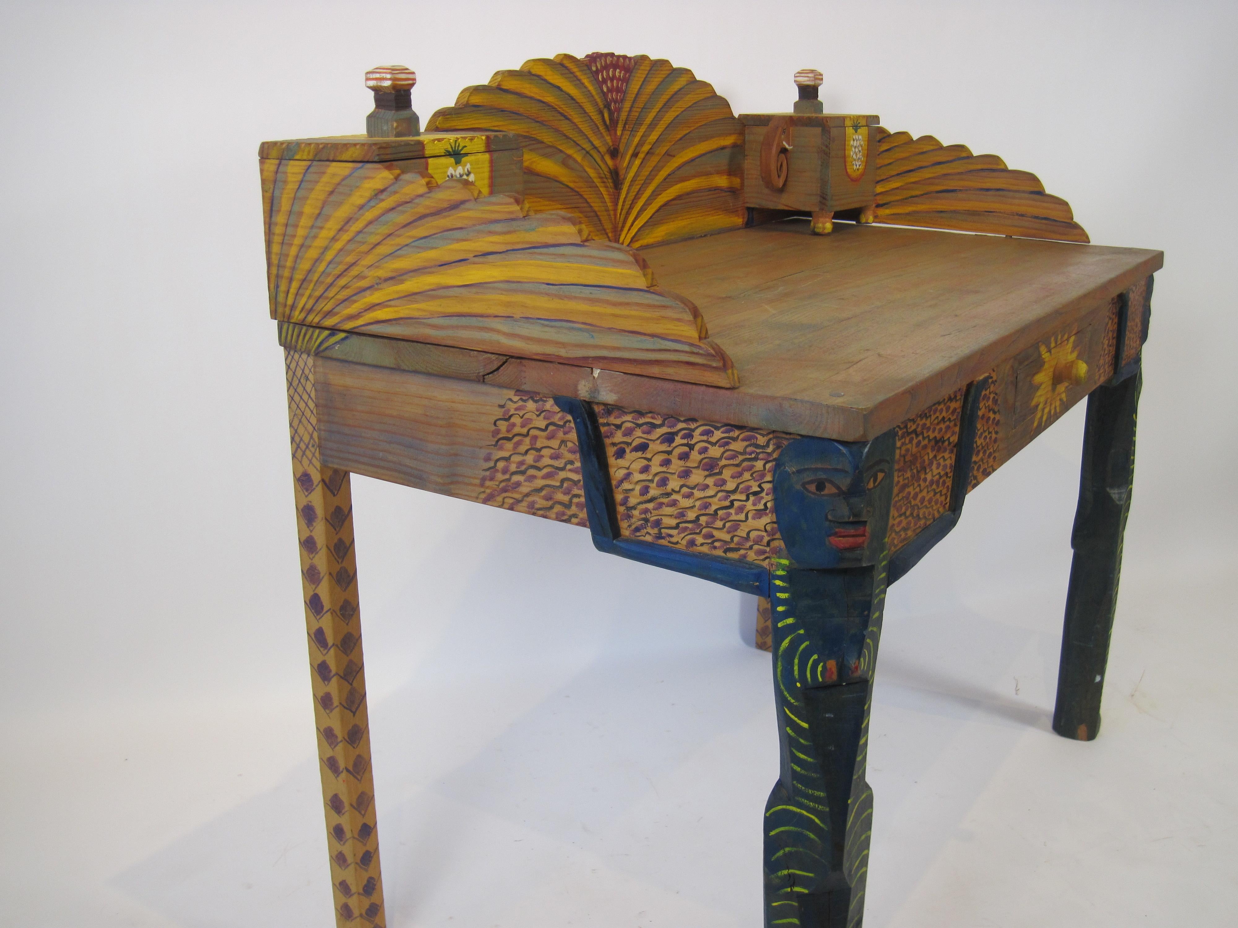Hand-Carved French Hand Painted Folk Art Desk by Gérard Rigot For Sale