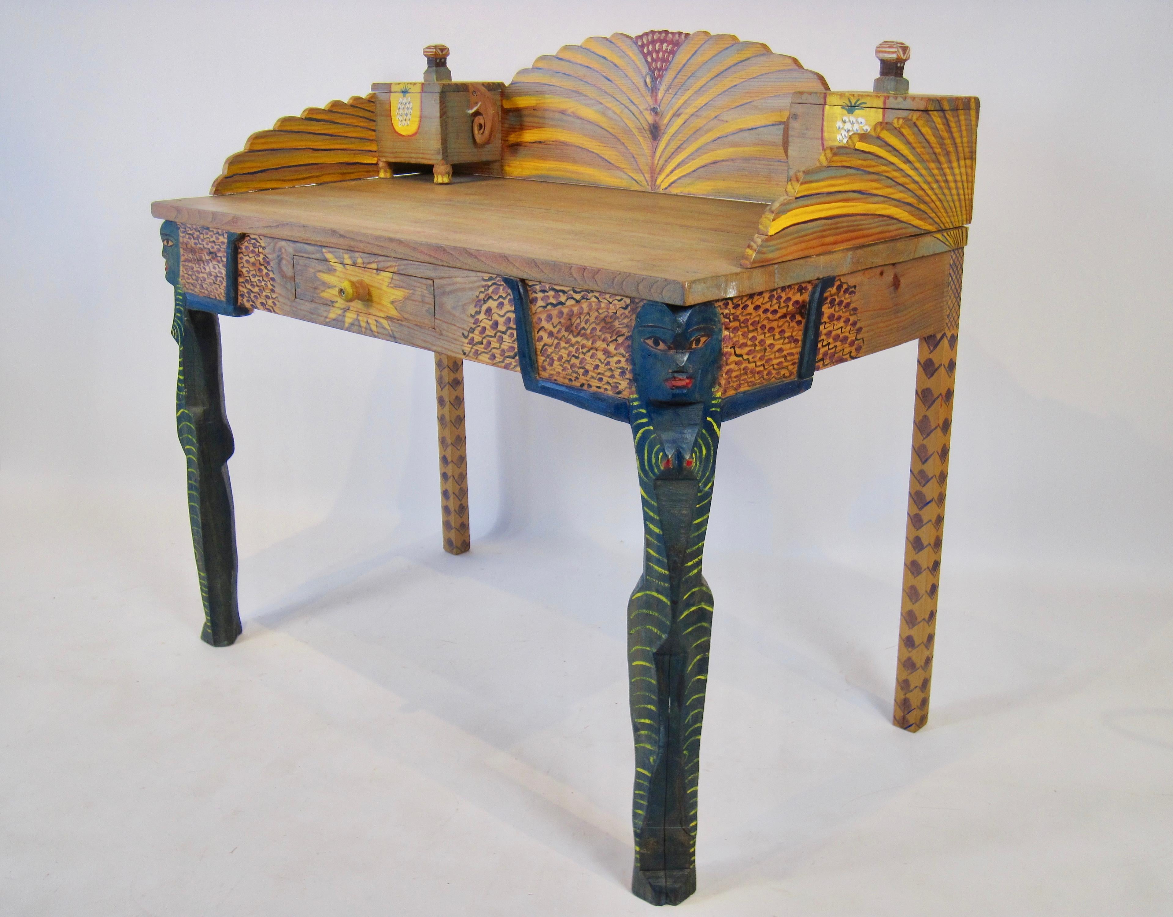 Pine French Hand Painted Folk Art Desk by Gérard Rigot For Sale