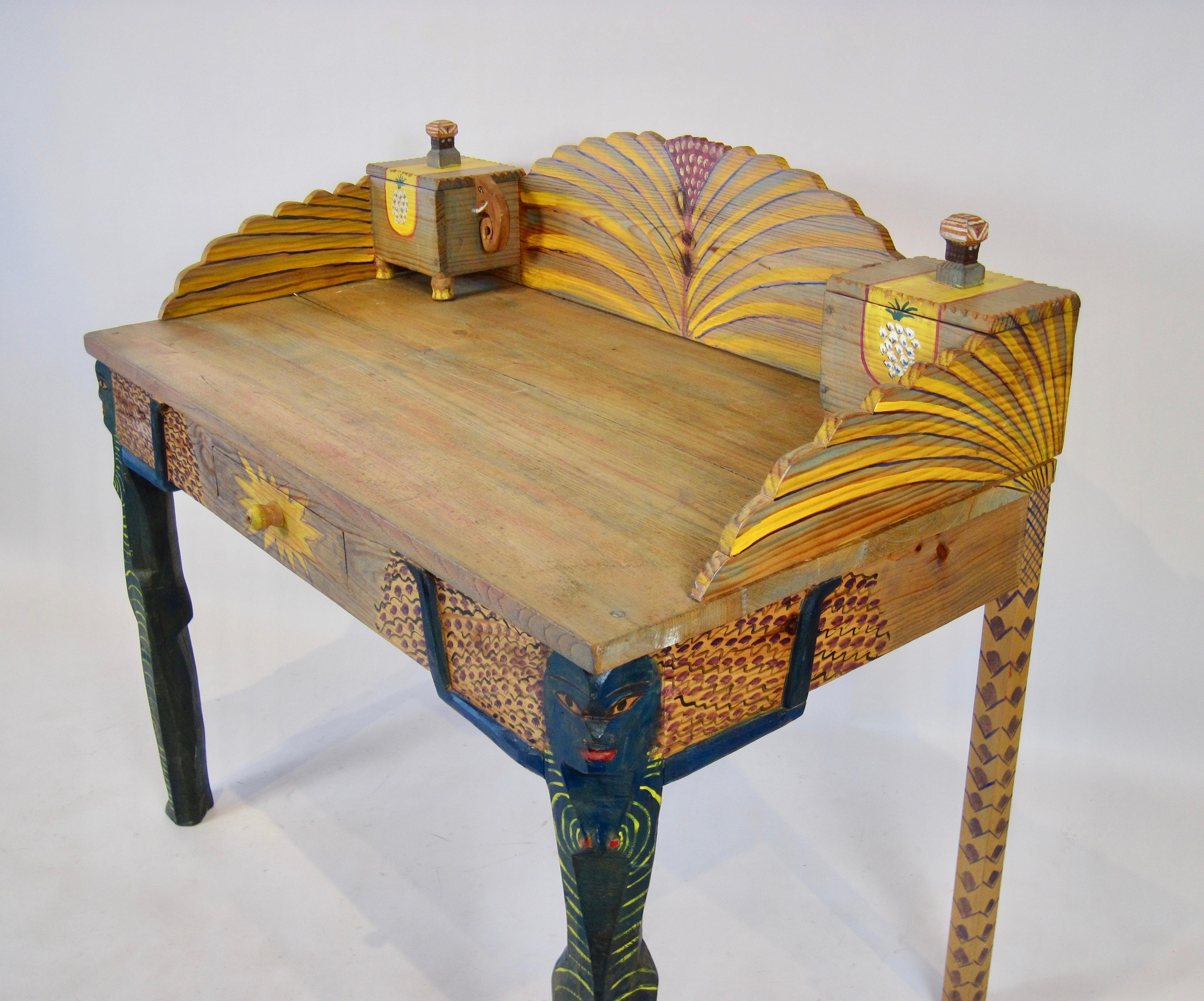 French Hand Painted Folk Art Desk by Gérard Rigot For Sale 2