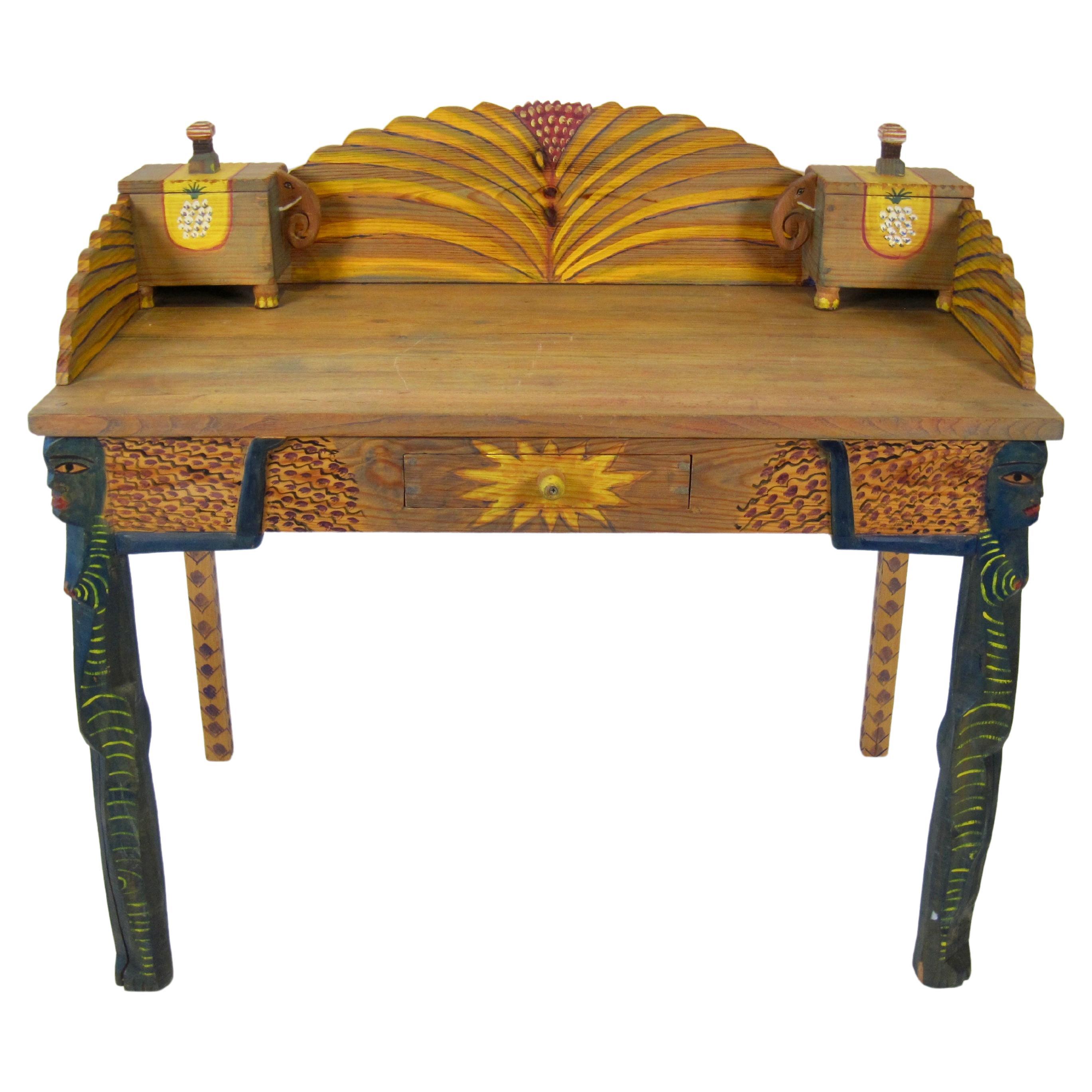 French Hand Painted Folk Art Desk by Gérard Rigot For Sale