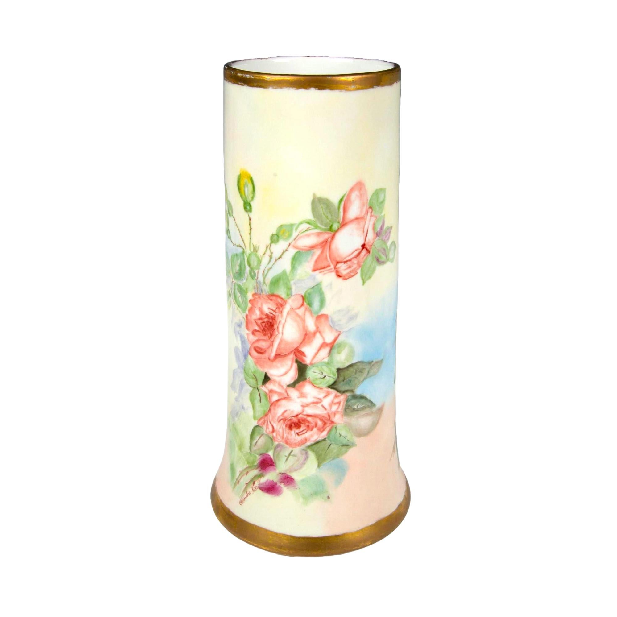 French Hand Painted / Gilt Decorated Floral Details Decorative Vase For Sale 6