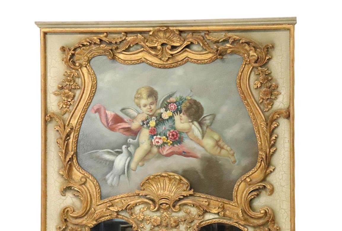Français Miroir Trumeau français peint à la main et décoré de dorures en vente