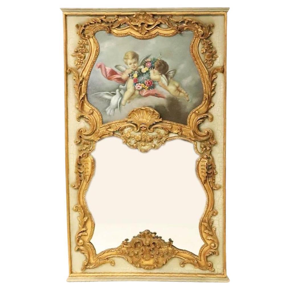 French Hand Painted & Gilt Decorated Trumeau Mirror