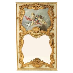 Vintage French Hand Painted & Gilt Decorated Trumeau Mirror