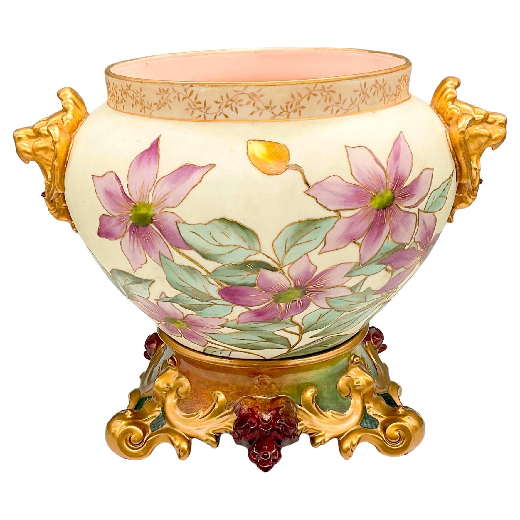French Hand Painted & Gilt Limoges Porcelain Jardiniere / Base For Sale