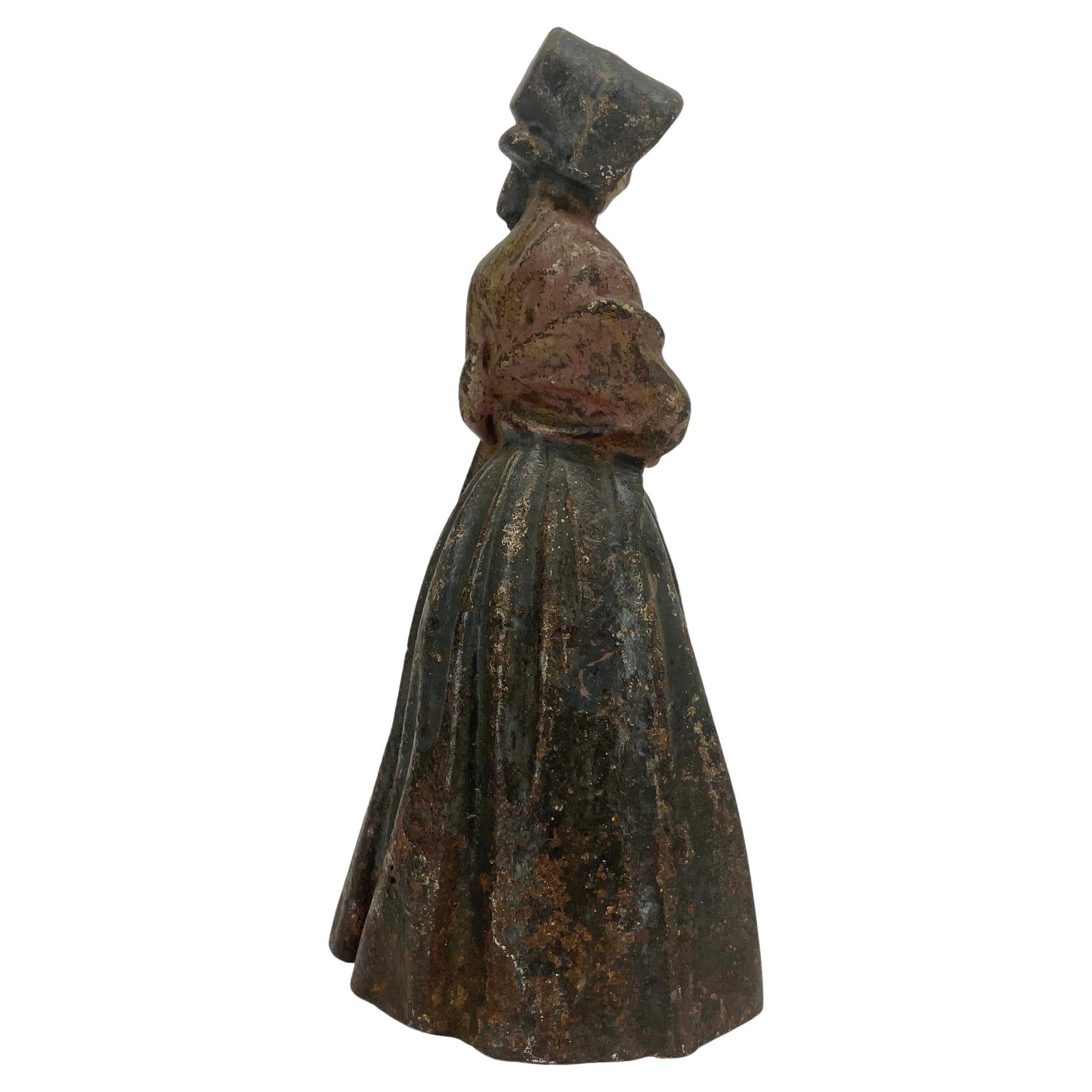 19th Century French Hand-Painted Lady Sculpture Door Stop in Solid Cast Iron For Sale
