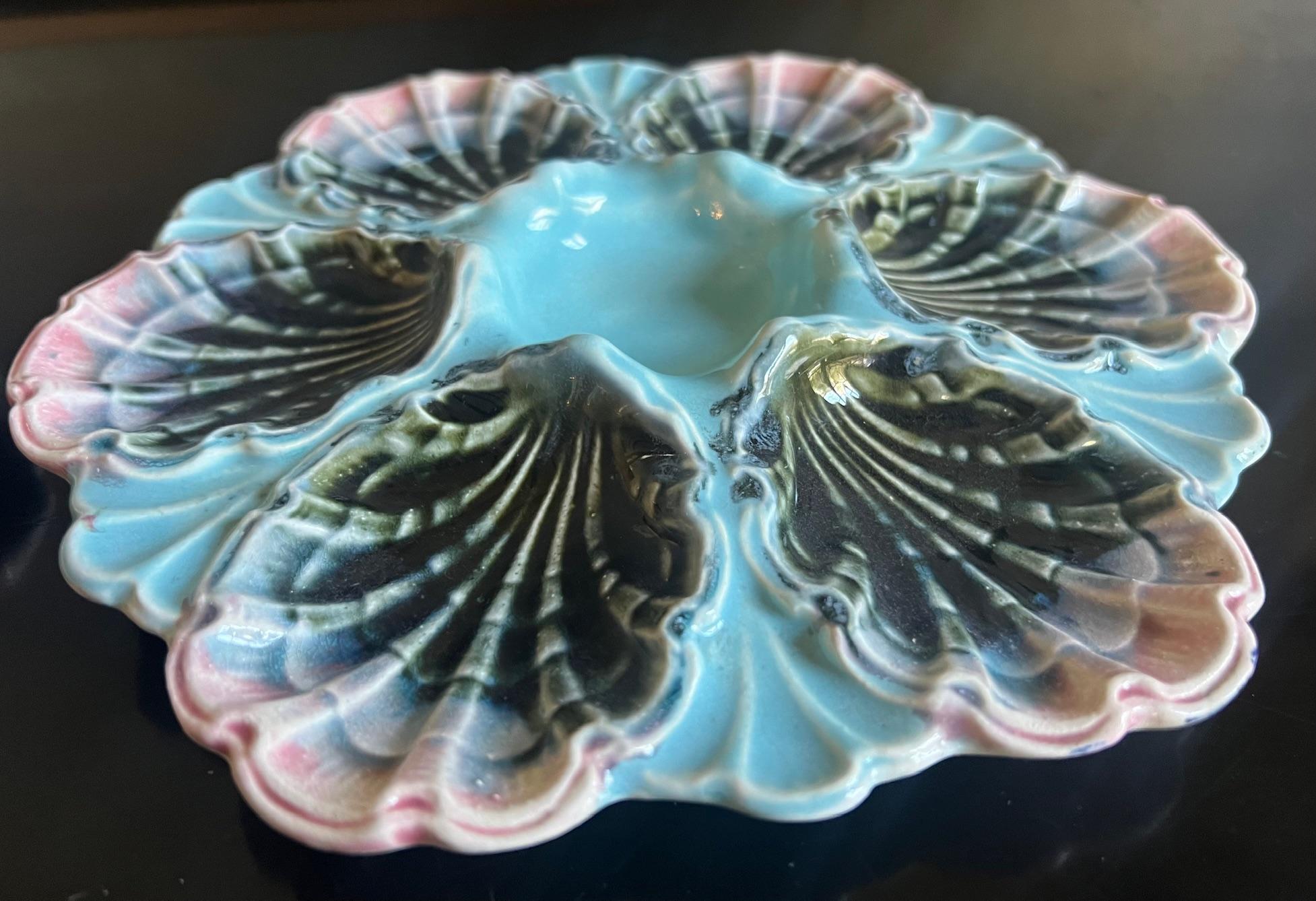 Hand-Painted French Hand Painted Majolica Five-Lille 6 Well Oyster Plate, c. 1890's