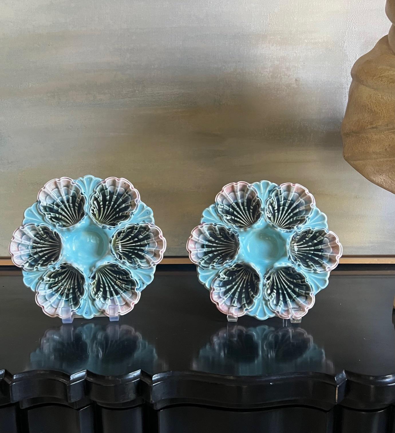 19th Century French Hand Painted Majolica Five-Lille 6 Well Oyster Plate, c. 1890's