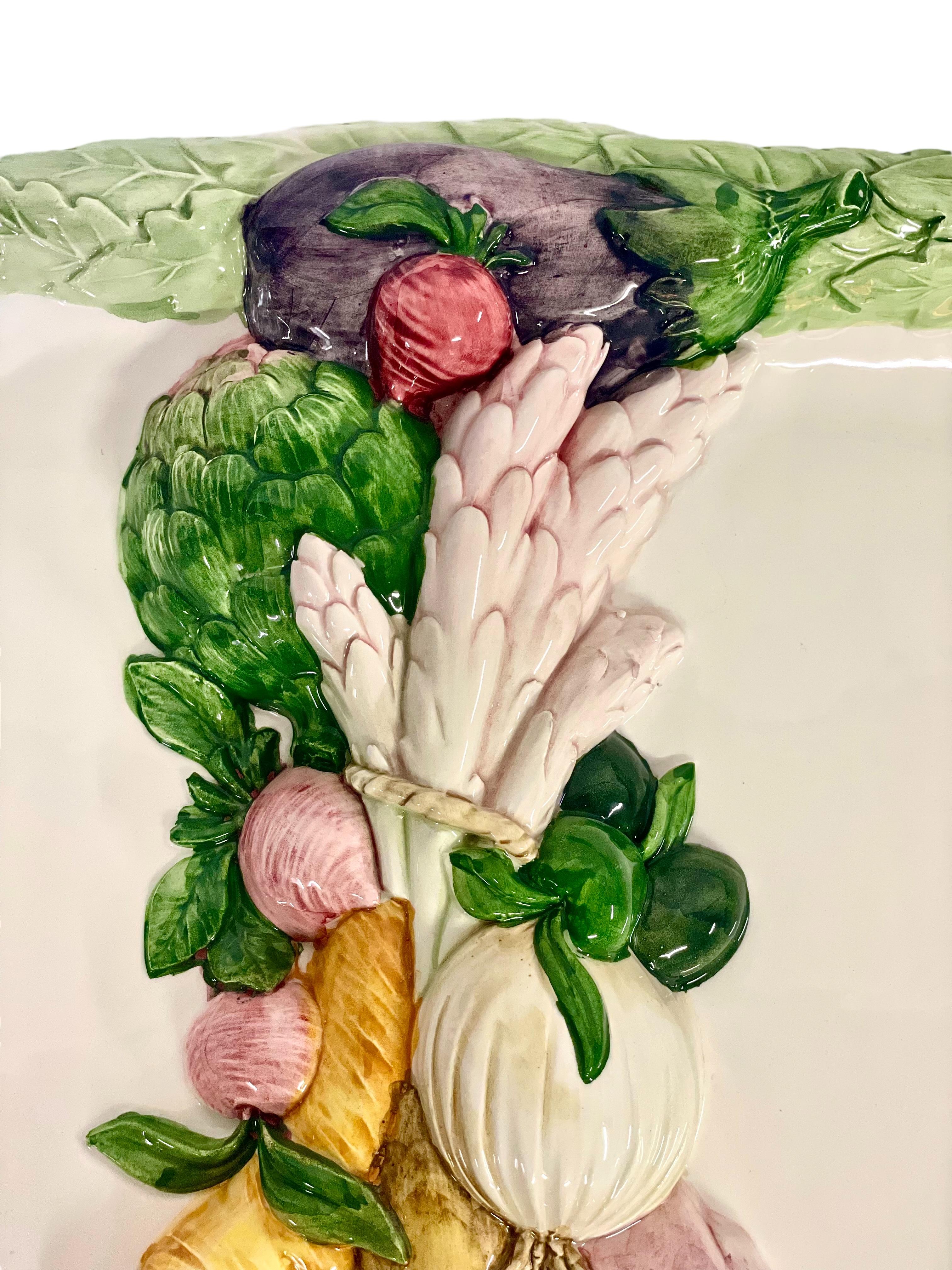 Hand-Painted  French Wide Majolica Vegetable Serving Platter For Sale