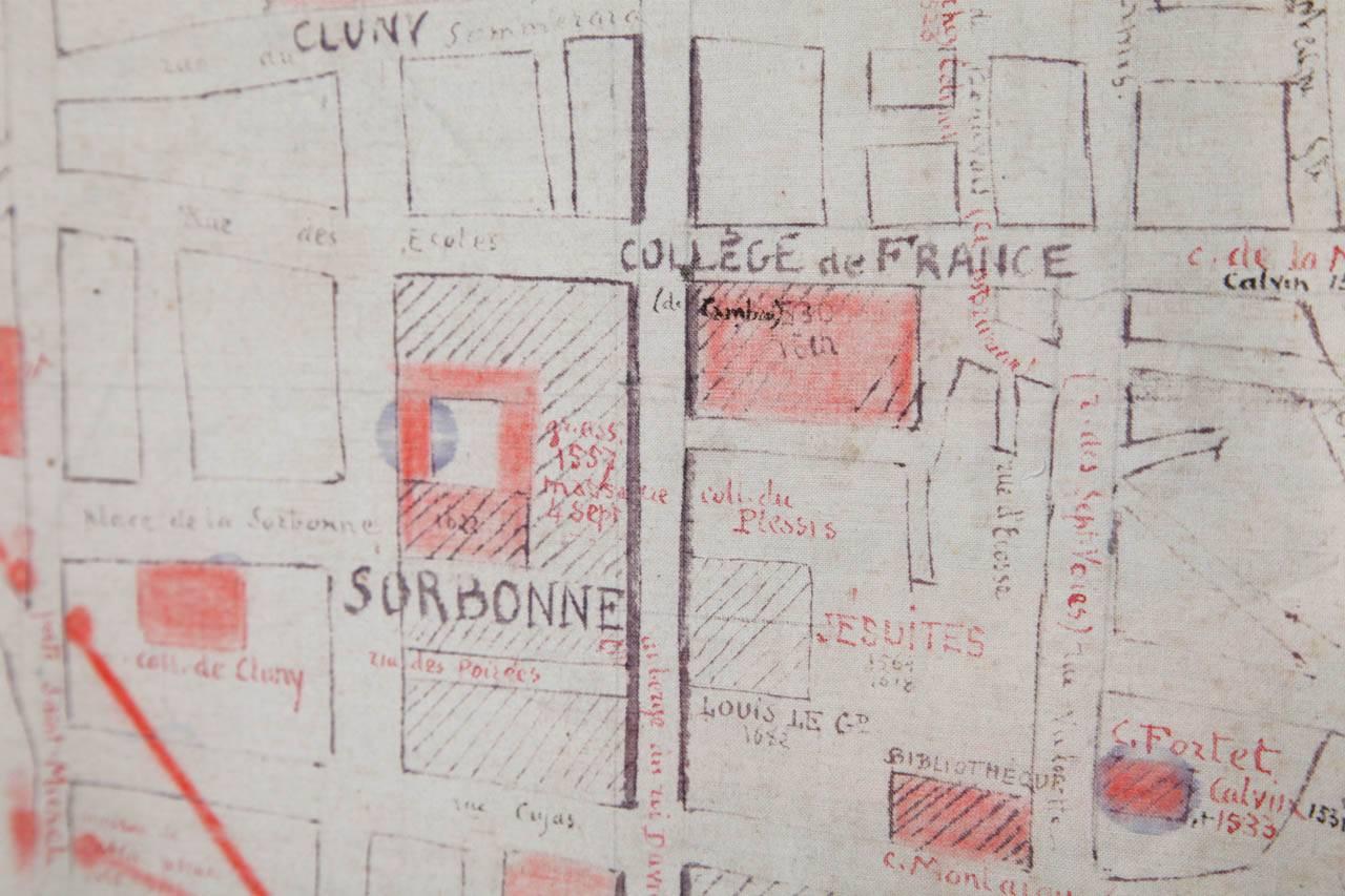 Most unusual map of the centre of Paris, painted by hand on linnen circa 1860. On the map you can distinguish the red line where the medieval walls of Paris used to be, the medieval form of the Louvre Castle and the Notre Dame on the île Saint