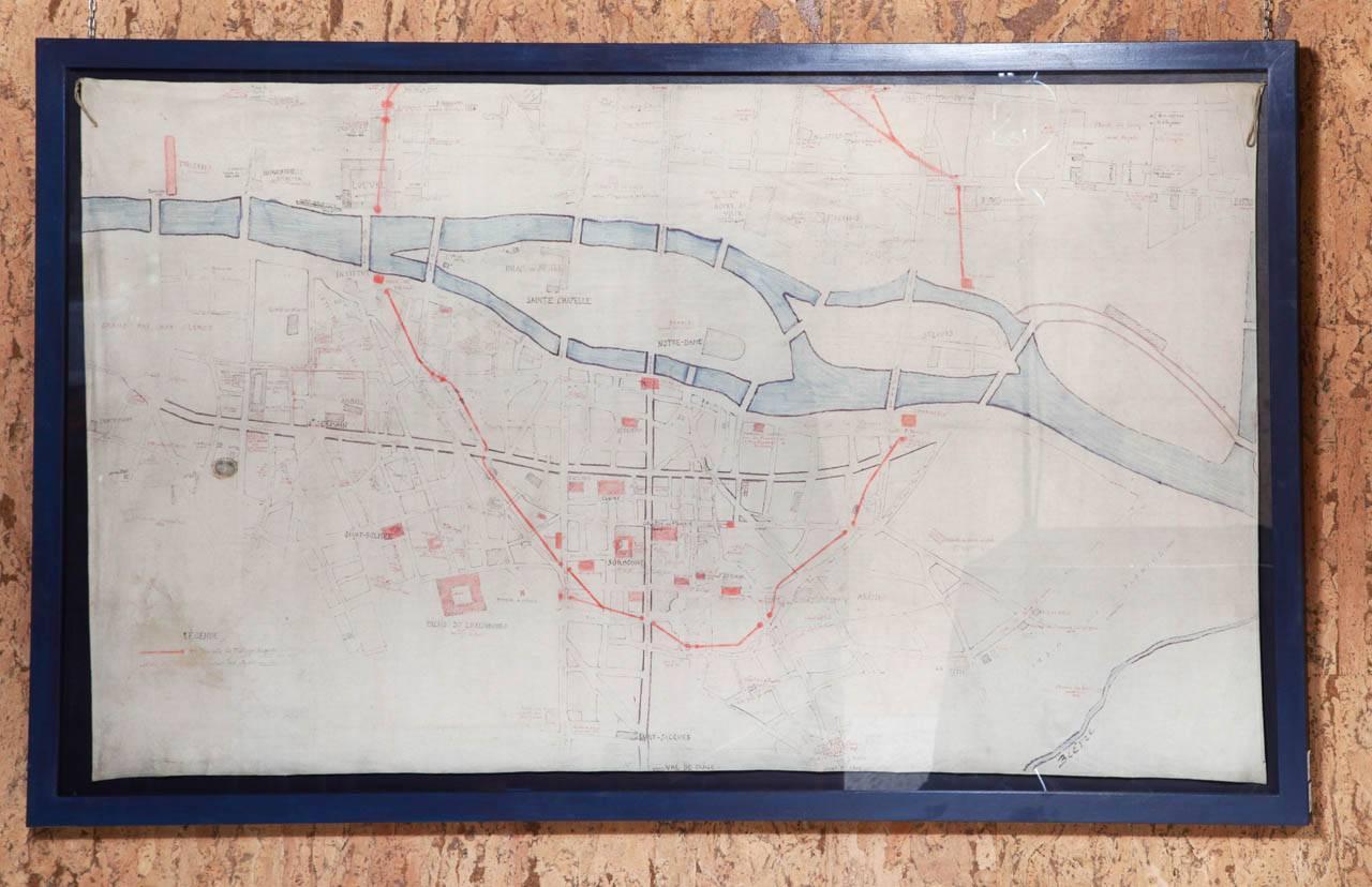 19th Century French Hand Painted Map of Paris City Centre circa 1860 For Sale