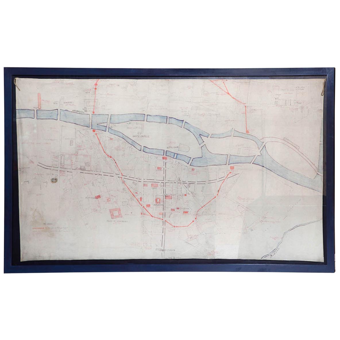 French Hand Painted Map of Paris City Centre circa 1860 For Sale