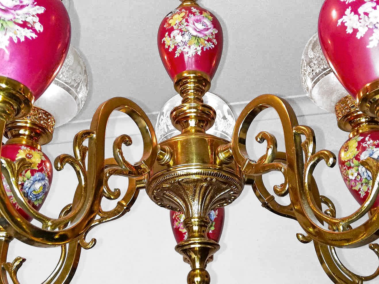 French Hand Painted Pink Porcelain Gilt Brass Engraved Glass Oil Lamp Chandelier 6