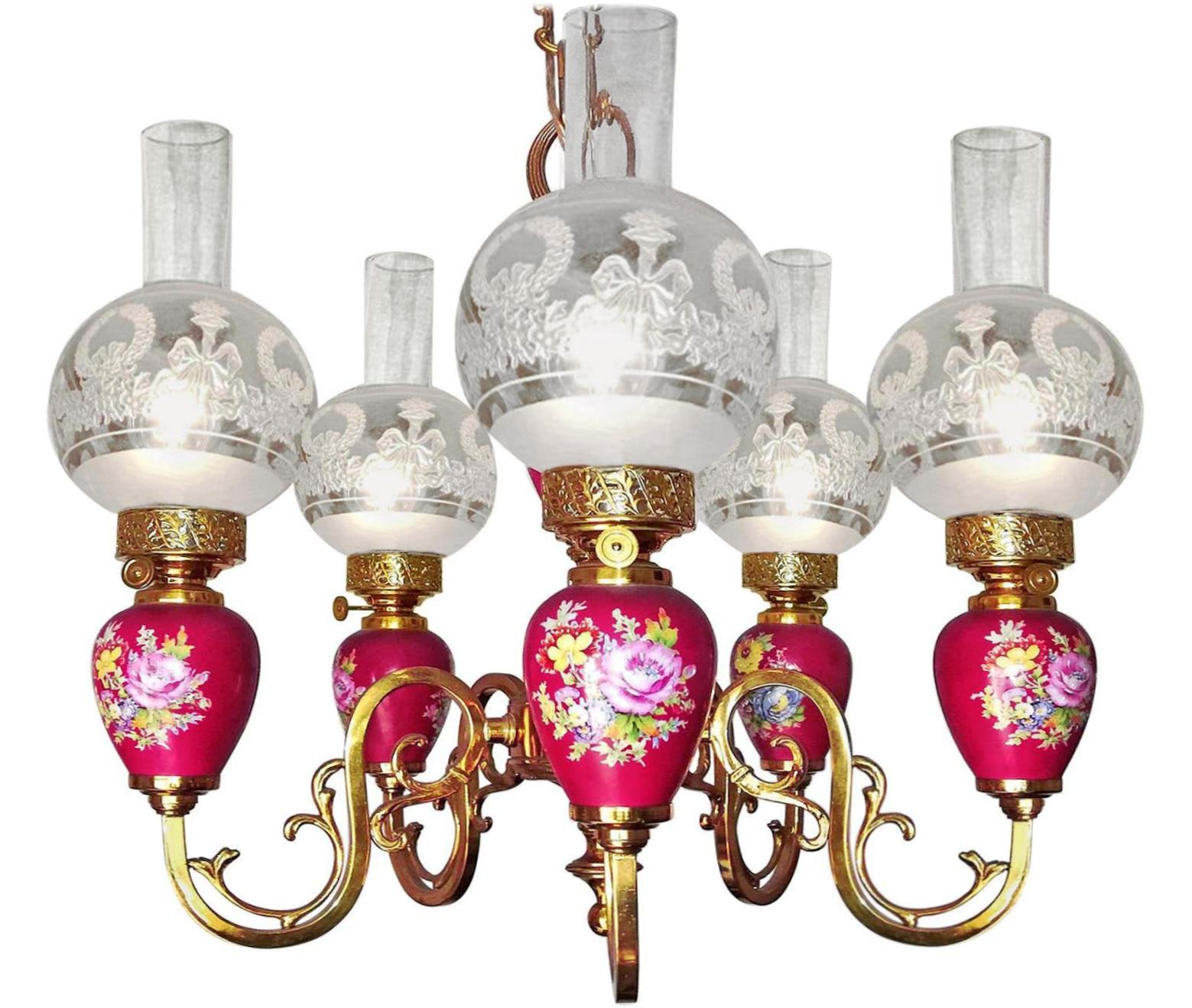 Art Deco French Hand Painted Pink Porcelain Gilt Brass Engraved Glass Oil Lamp Chandelier