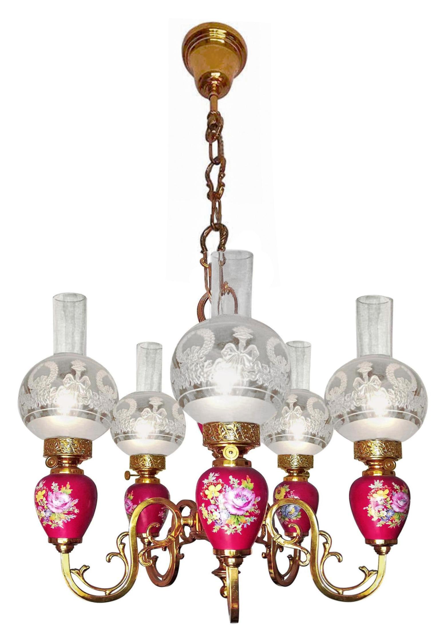 Art Deco French Hand Painted Pink Porcelain Gilt Brass Engraved Glass Oil Lamp Chandelier For Sale