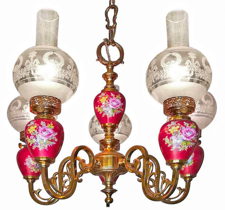 20th Century French Hand Painted Pink Porcelain Gilt Brass Engraved Glass Oil Lamp Chandelier