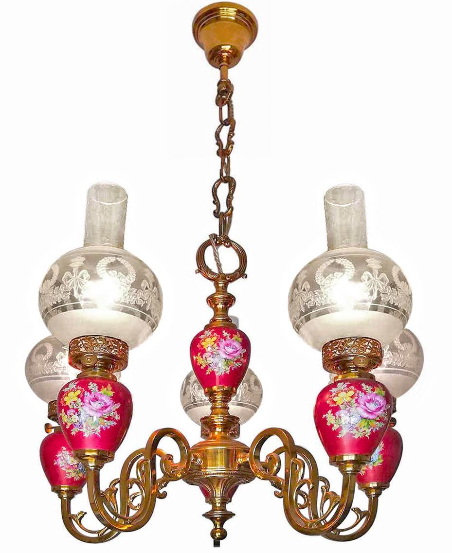French Hand Painted Pink Porcelain Gilt Brass Engraved Glass Oil Lamp Chandelier 1