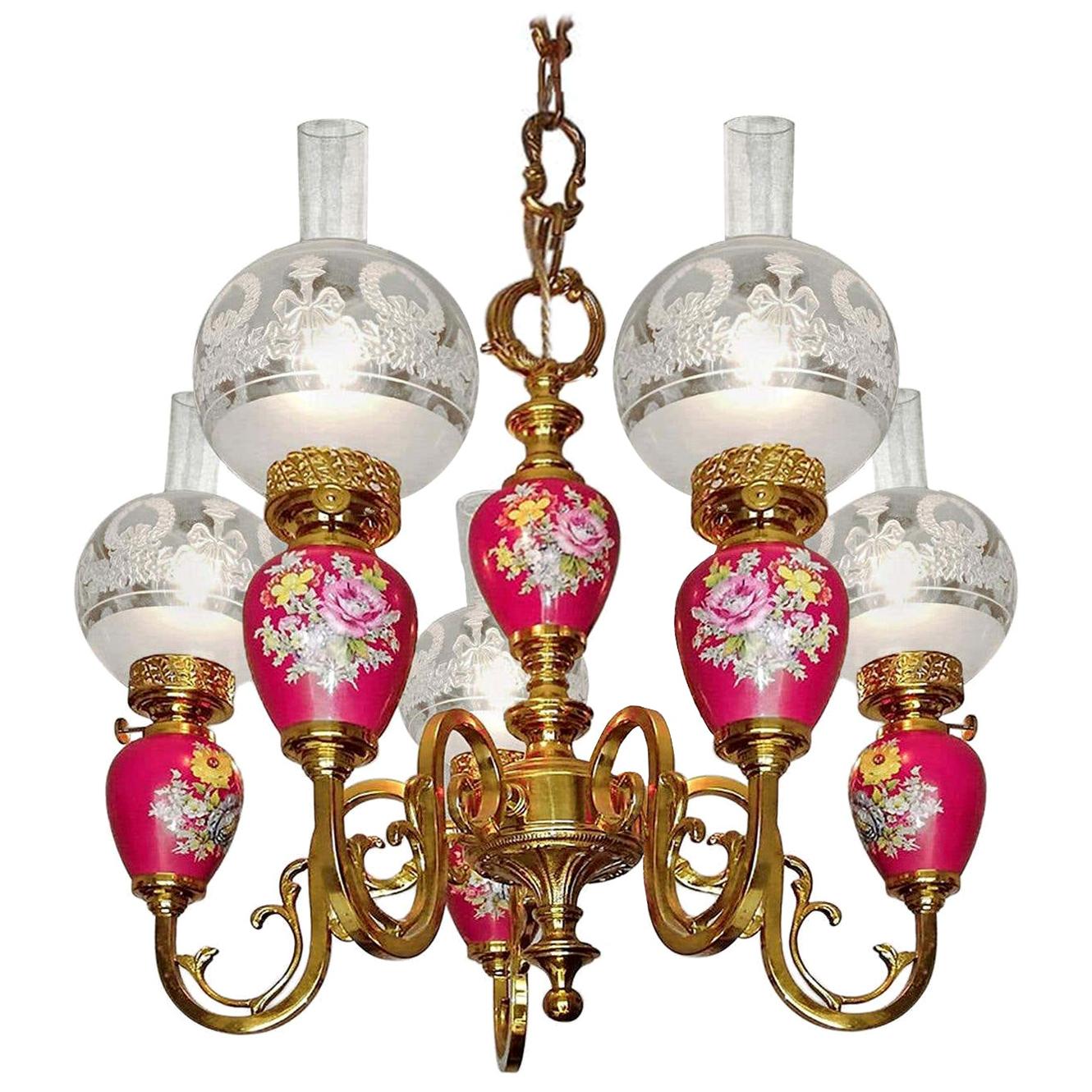 French Hand Painted Pink Porcelain Gilt Brass Engraved Glass Oil Lamp  Chandelier For Sale at 1stDibs
