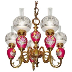 French Hand Painted Pink Porcelain Gilt Brass Engraved Glass Oil Lamp Chandelier