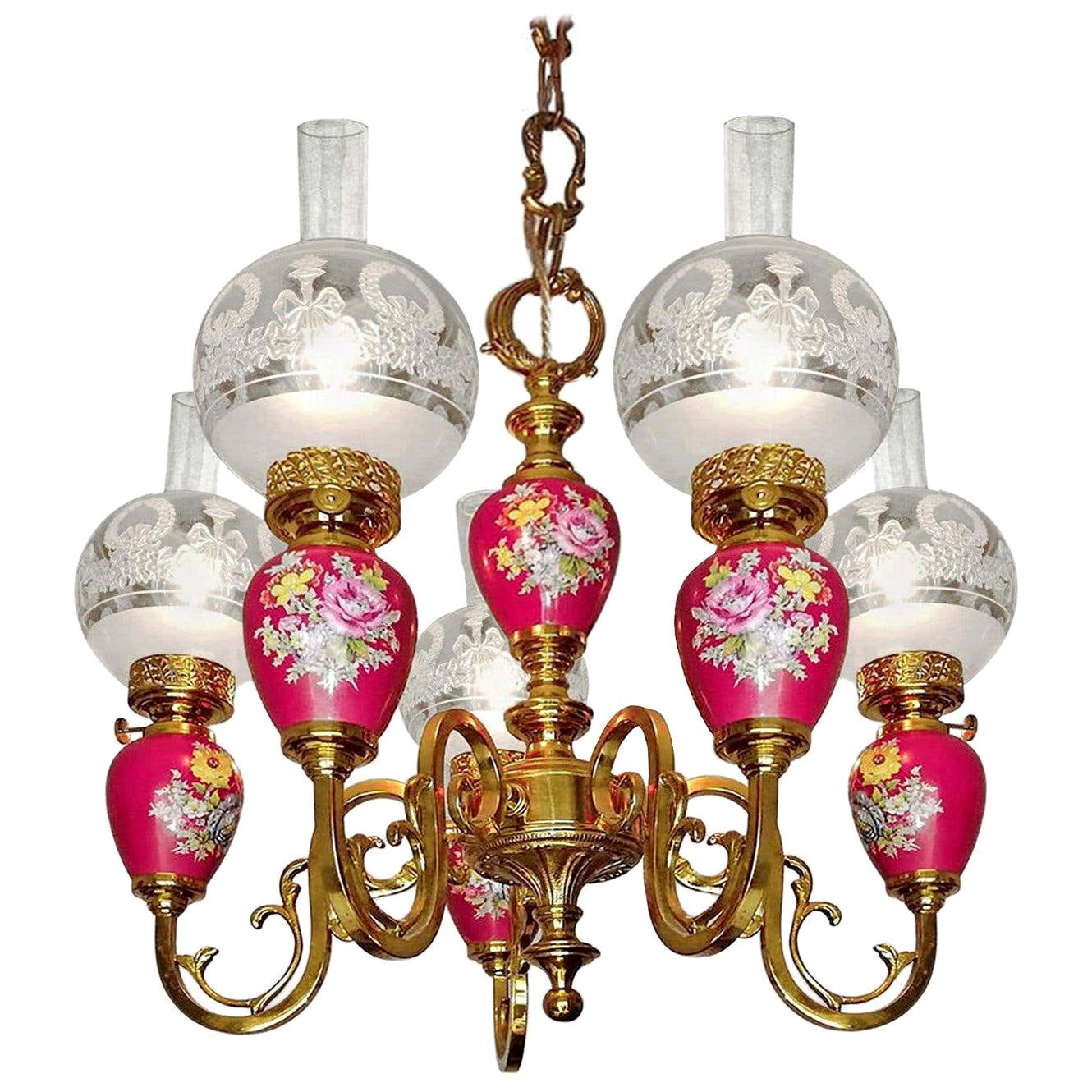 French Hand Painted Pink Porcelain Gilt Brass Engraved Glass Oil Lamp Chandelier For Sale