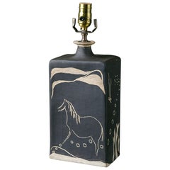 French Hand Painted Pottery Table Lamp of Stylized Horse