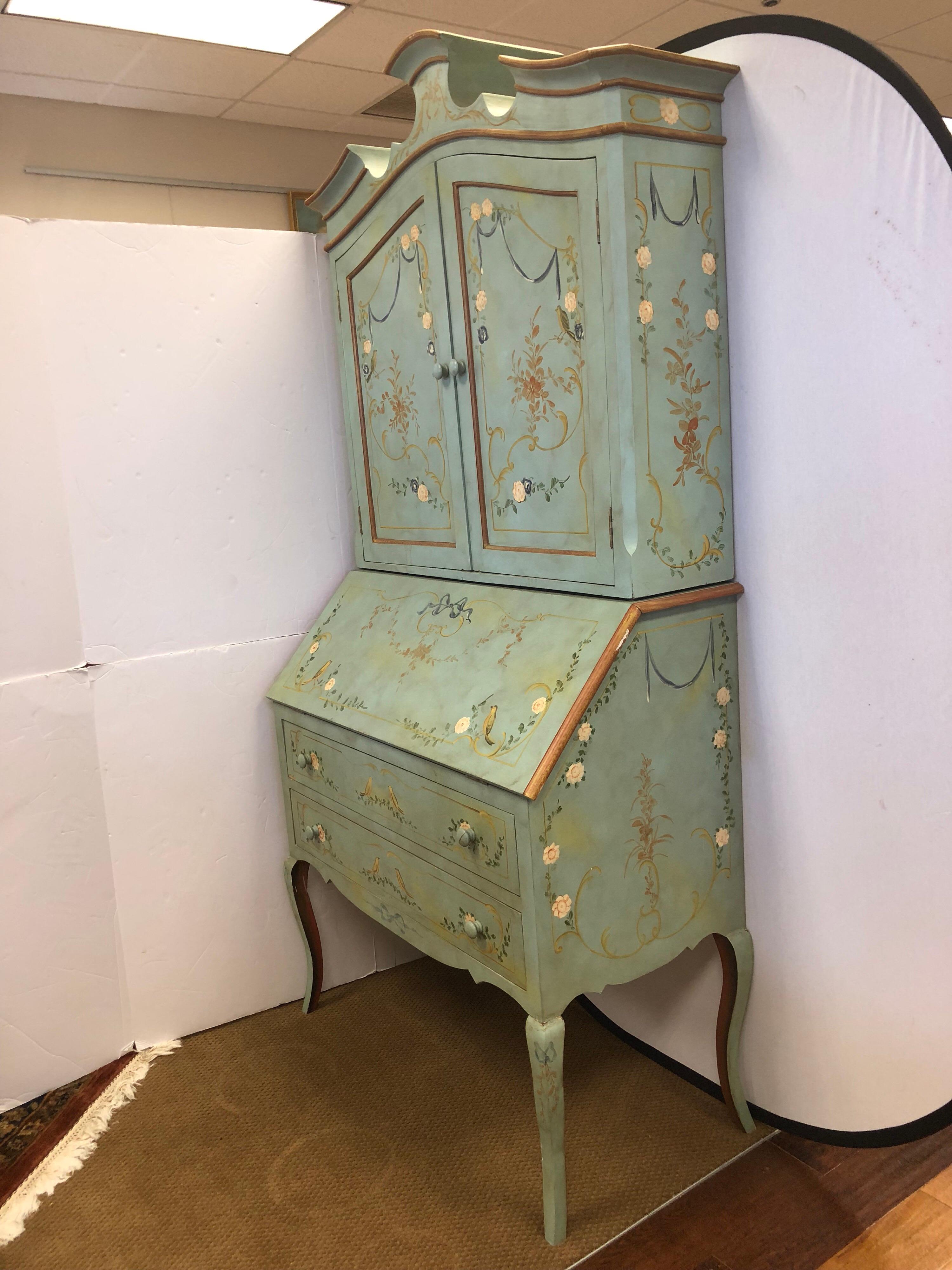 French Hand-Painted Secretary Desk, 20th Century Chinoiserie Cabinet 3