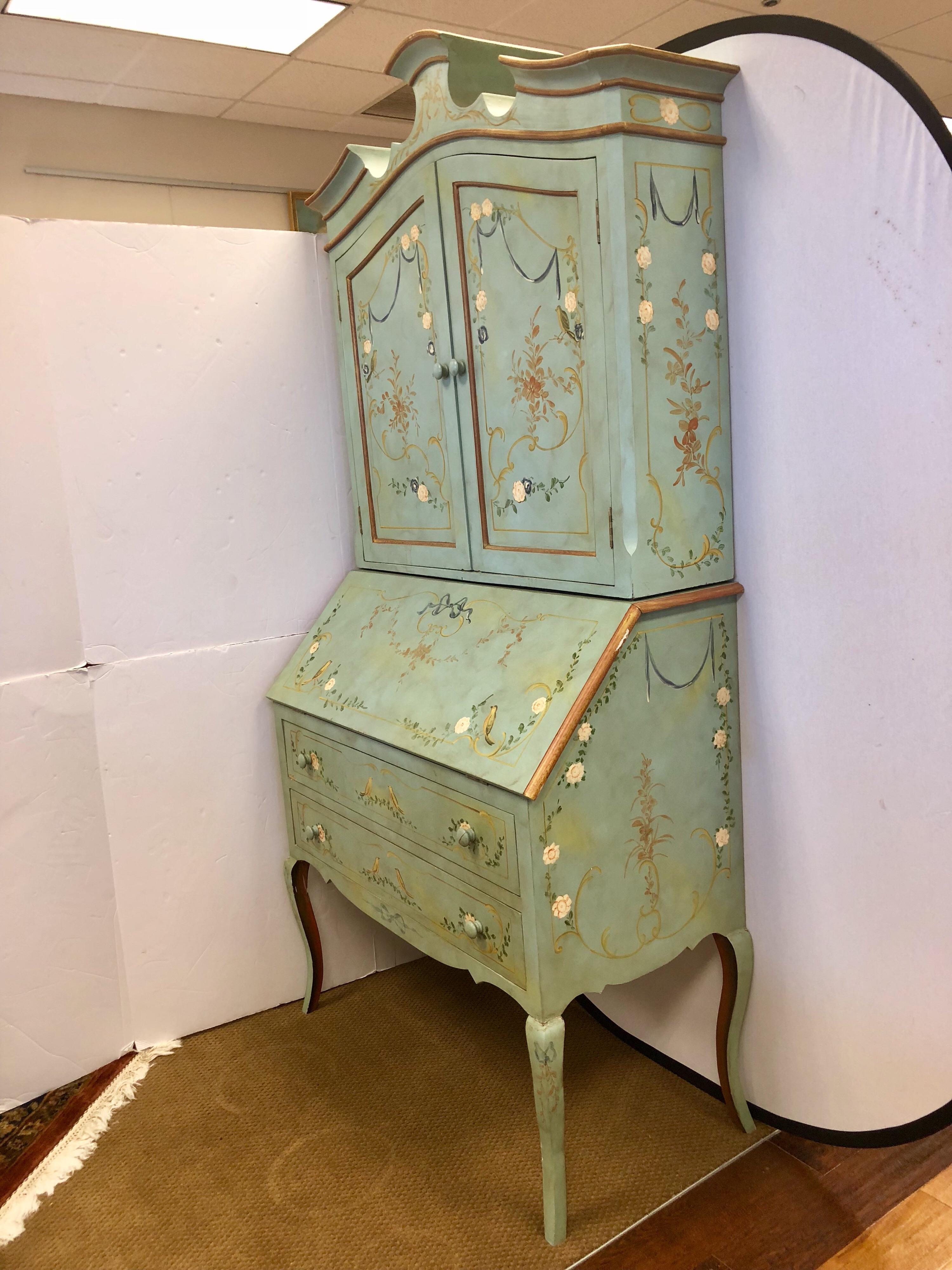 French Hand-Painted Secretary Desk, 20th Century Chinoiserie Cabinet 5