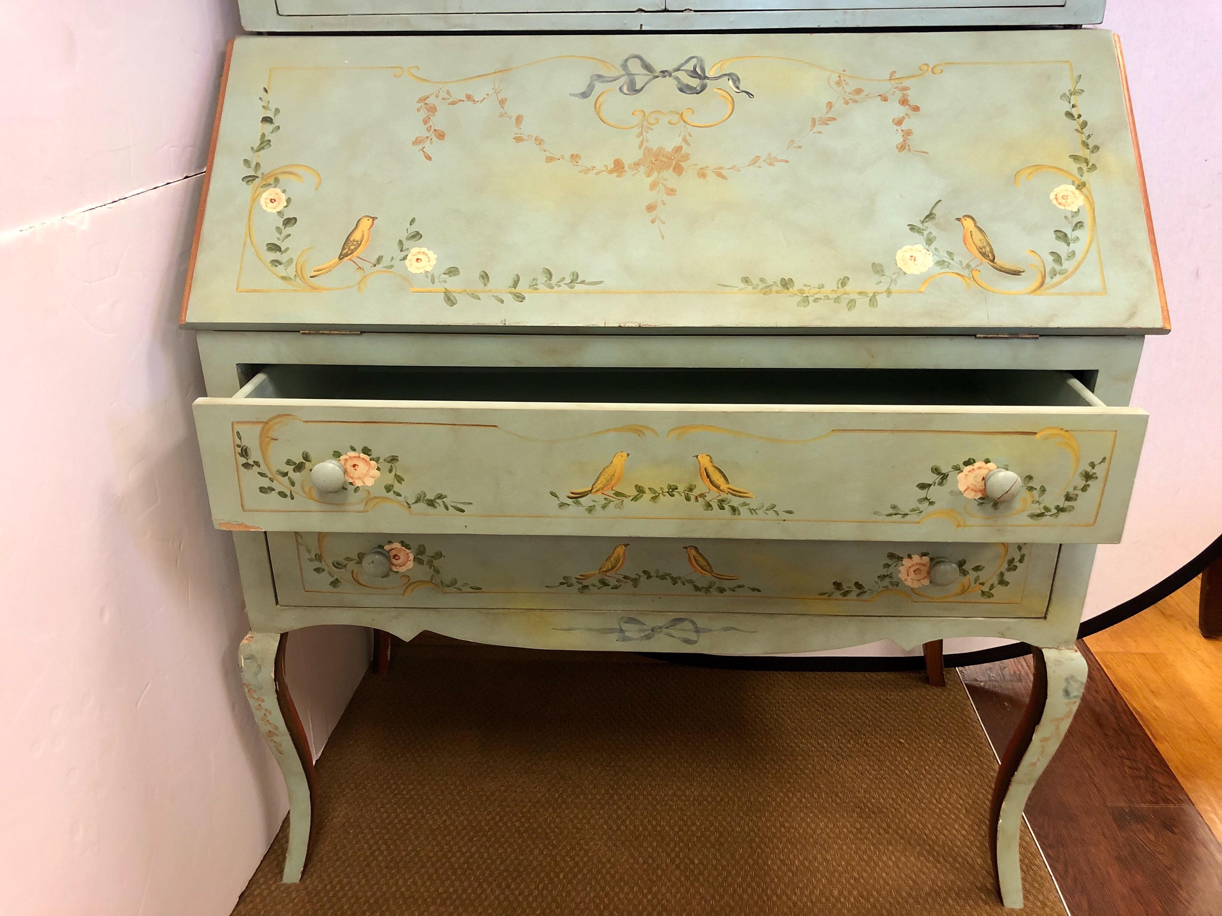 French Hand-Painted Secretary Desk, 20th Century Chinoiserie Cabinet In Excellent Condition In West Hartford, CT