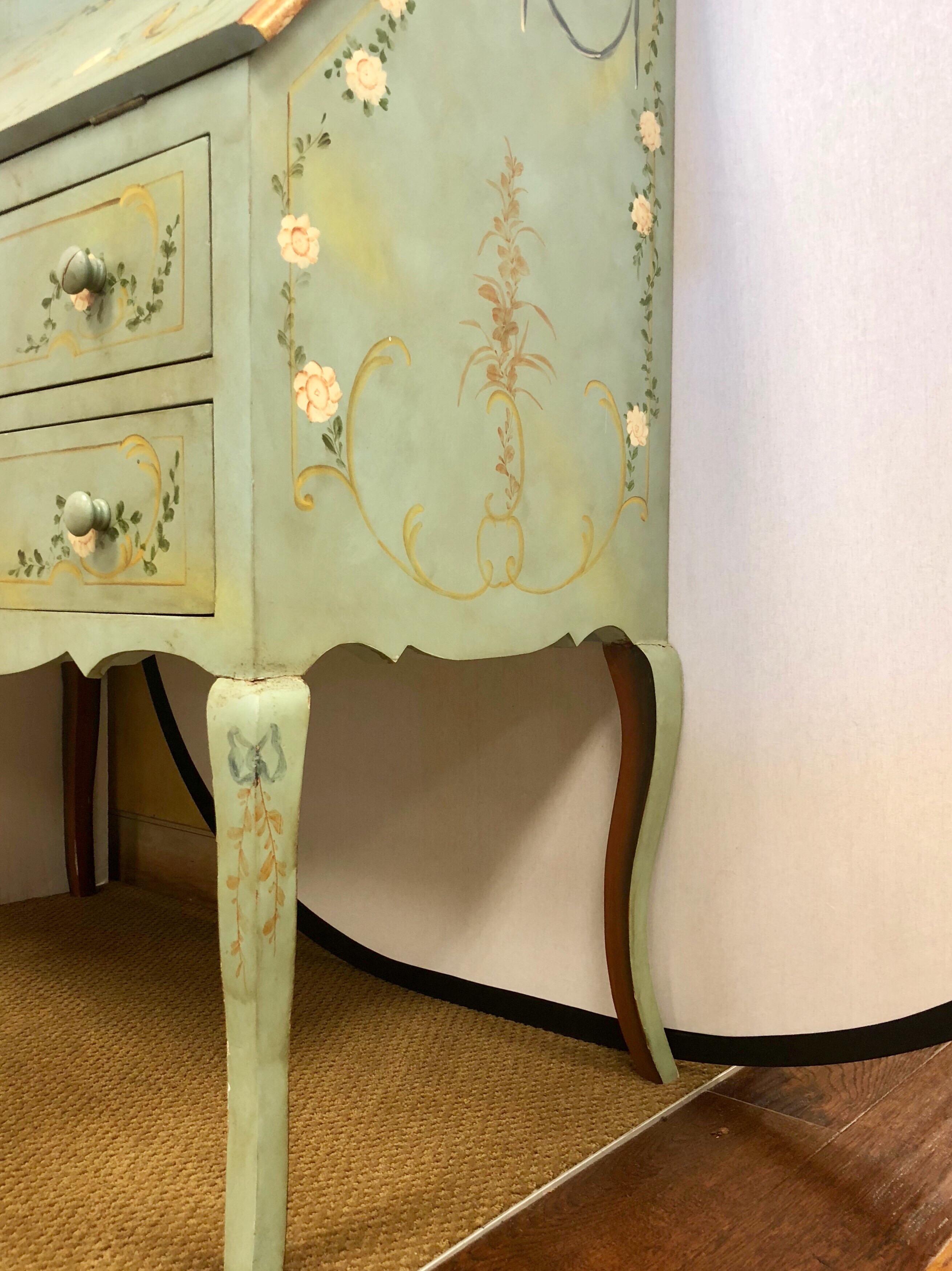 French Hand-Painted Secretary Desk, 20th Century Chinoiserie Cabinet 1
