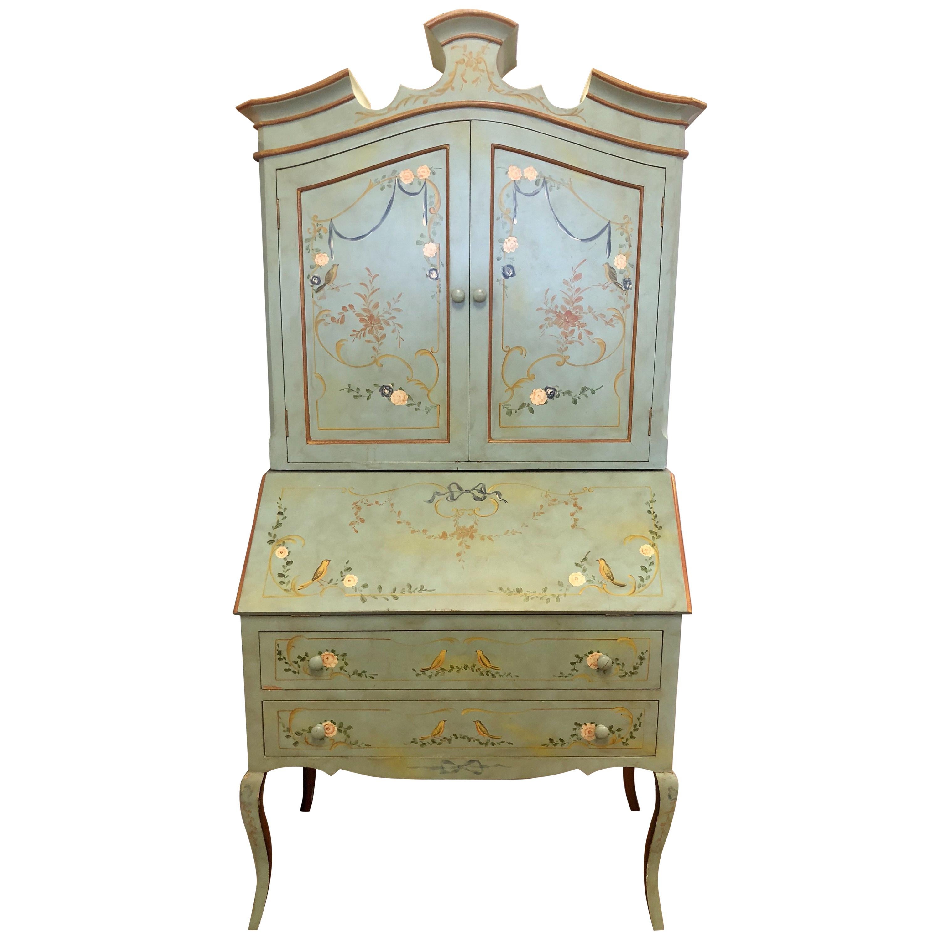 French Hand-Painted Secretary Desk, 20th Century Chinoiserie Cabinet