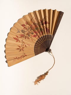 French Hand-Painted Silk Fan, Butterfly & Foliage, Carved & Gilt Wood, 1890s