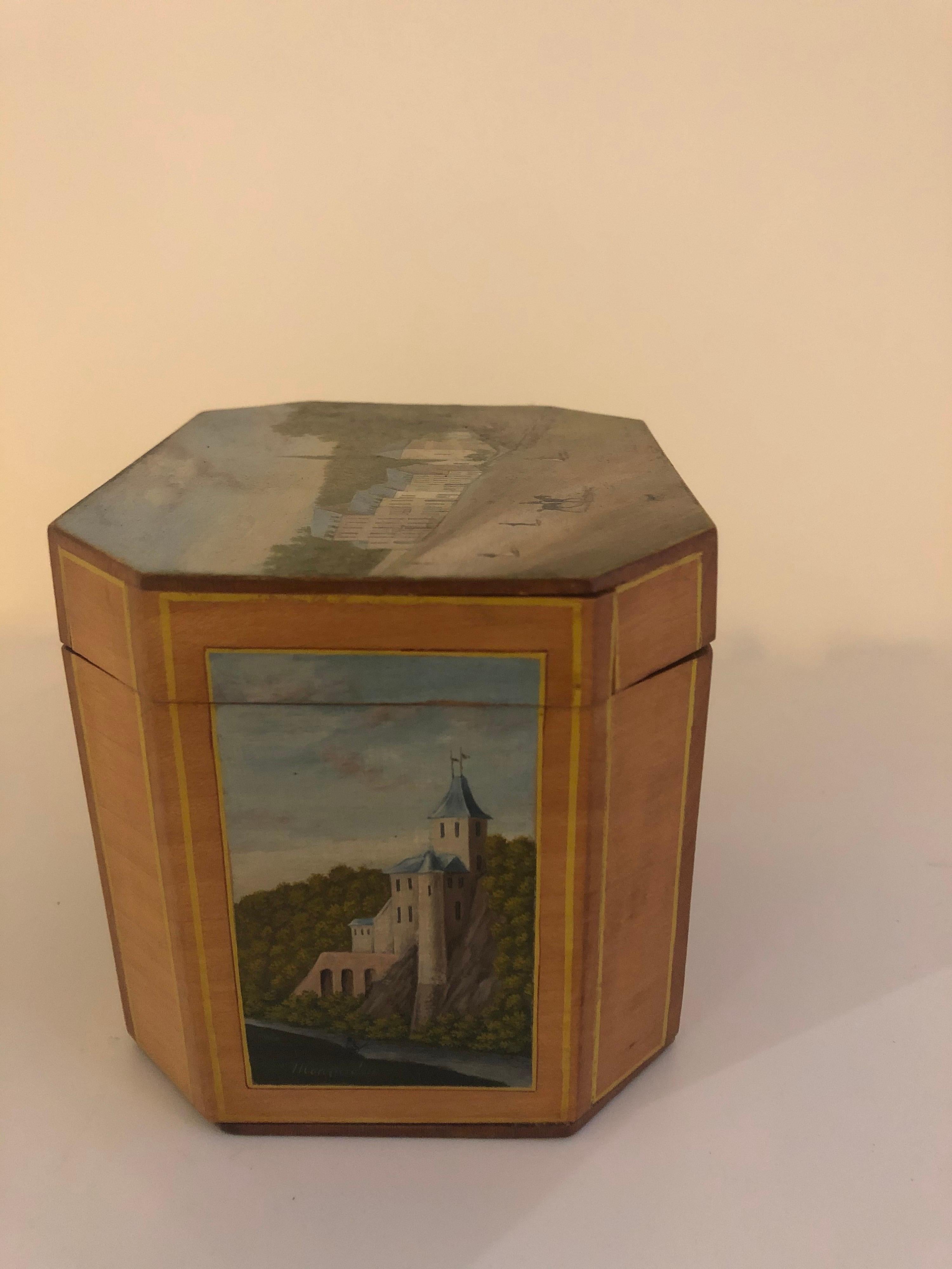 Fruitwood French Hand Painted Tea Box For Sale