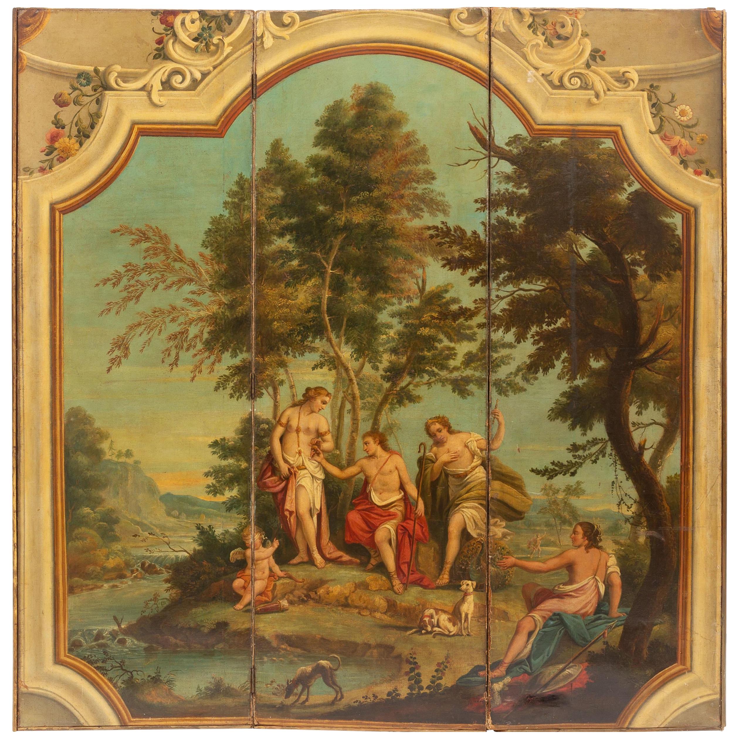 French Hand Painted Three-Panel Screen, 19th Century