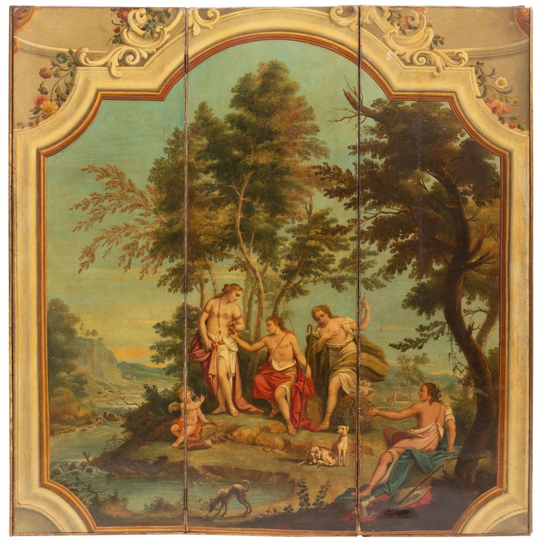 French Hand Painted Three-Panel Screen, 19th Century For Sale