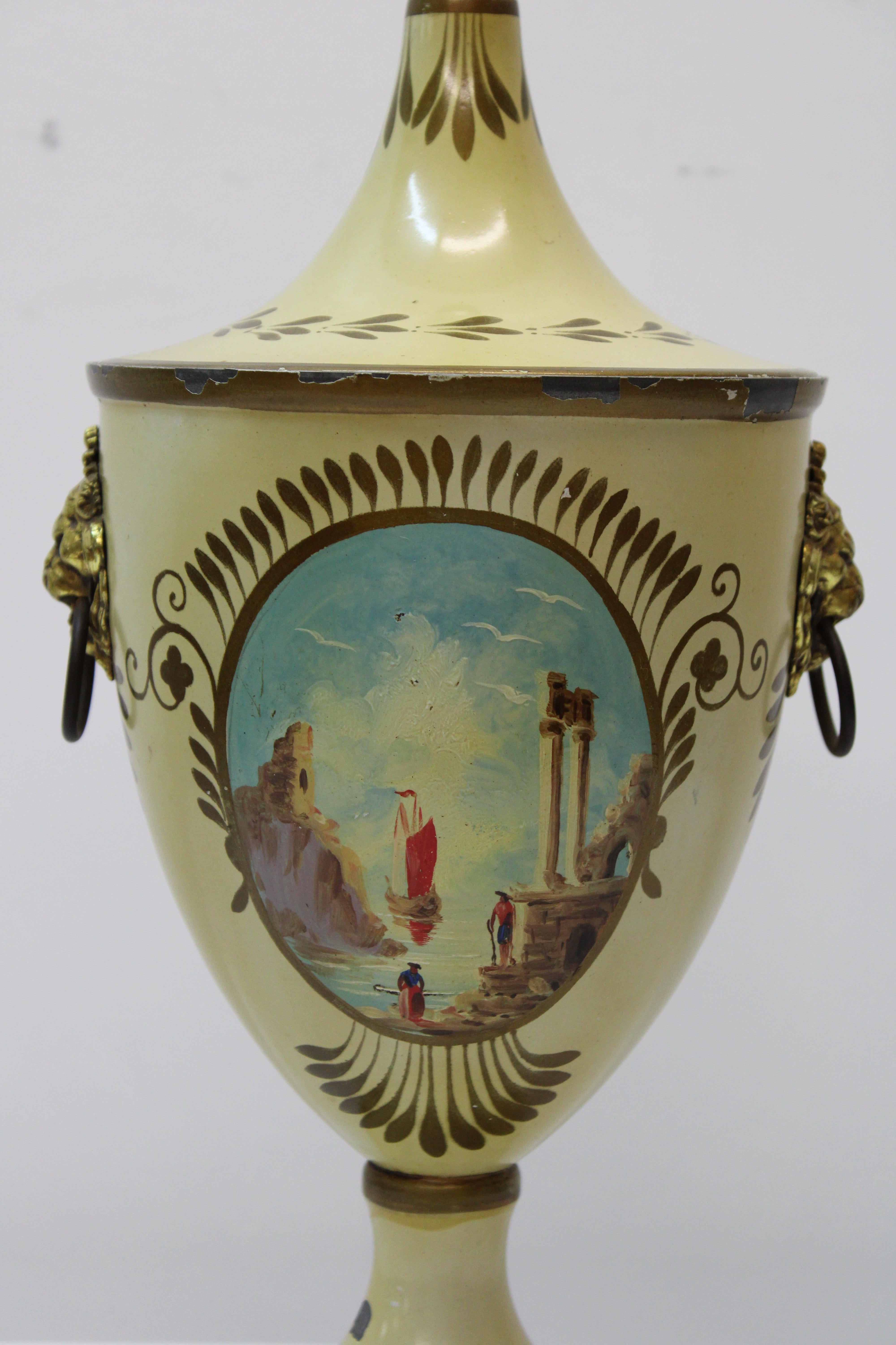 Brass French Hand Painted Tole Urn For Sale