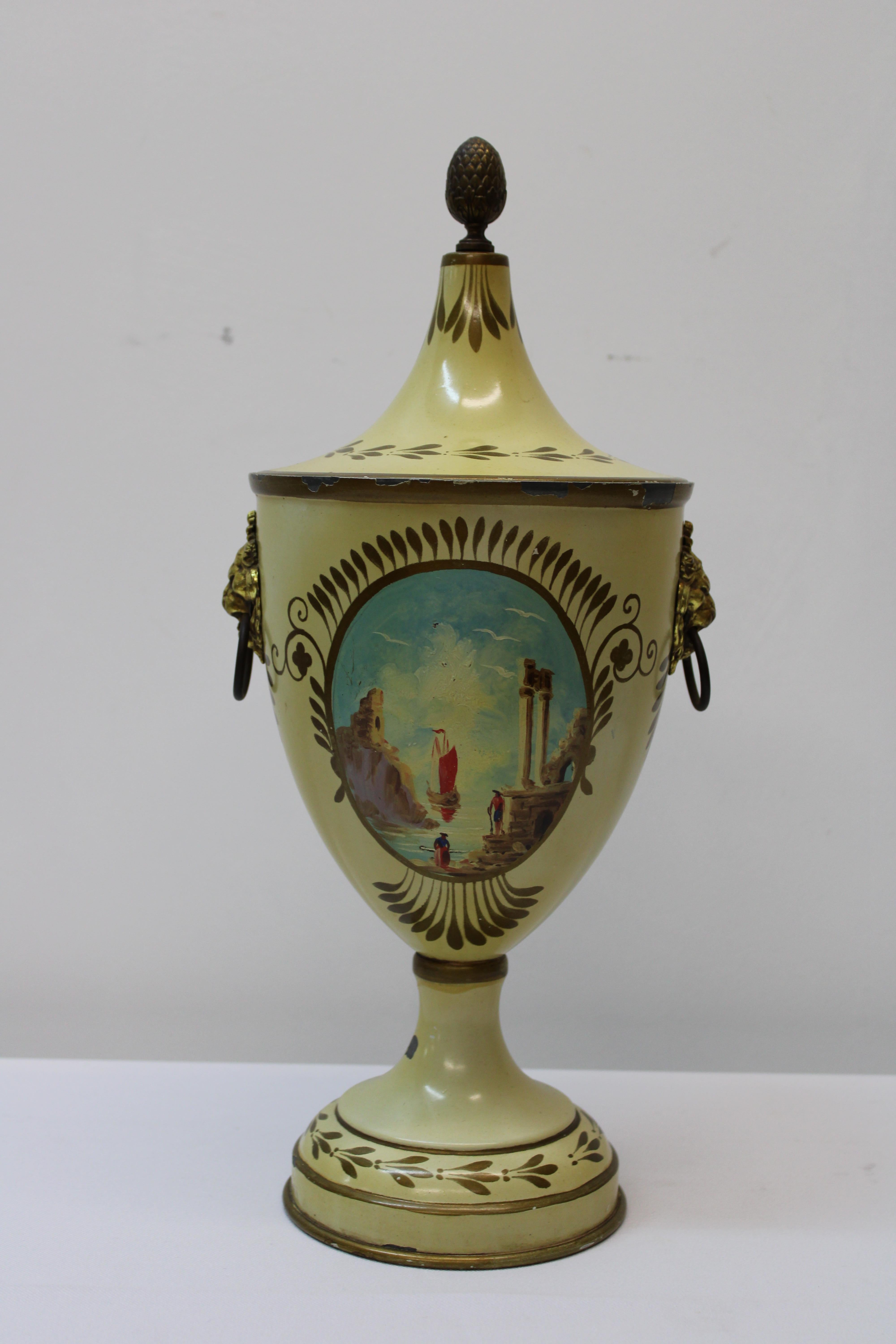 French Hand Painted Tole Urn For Sale 1